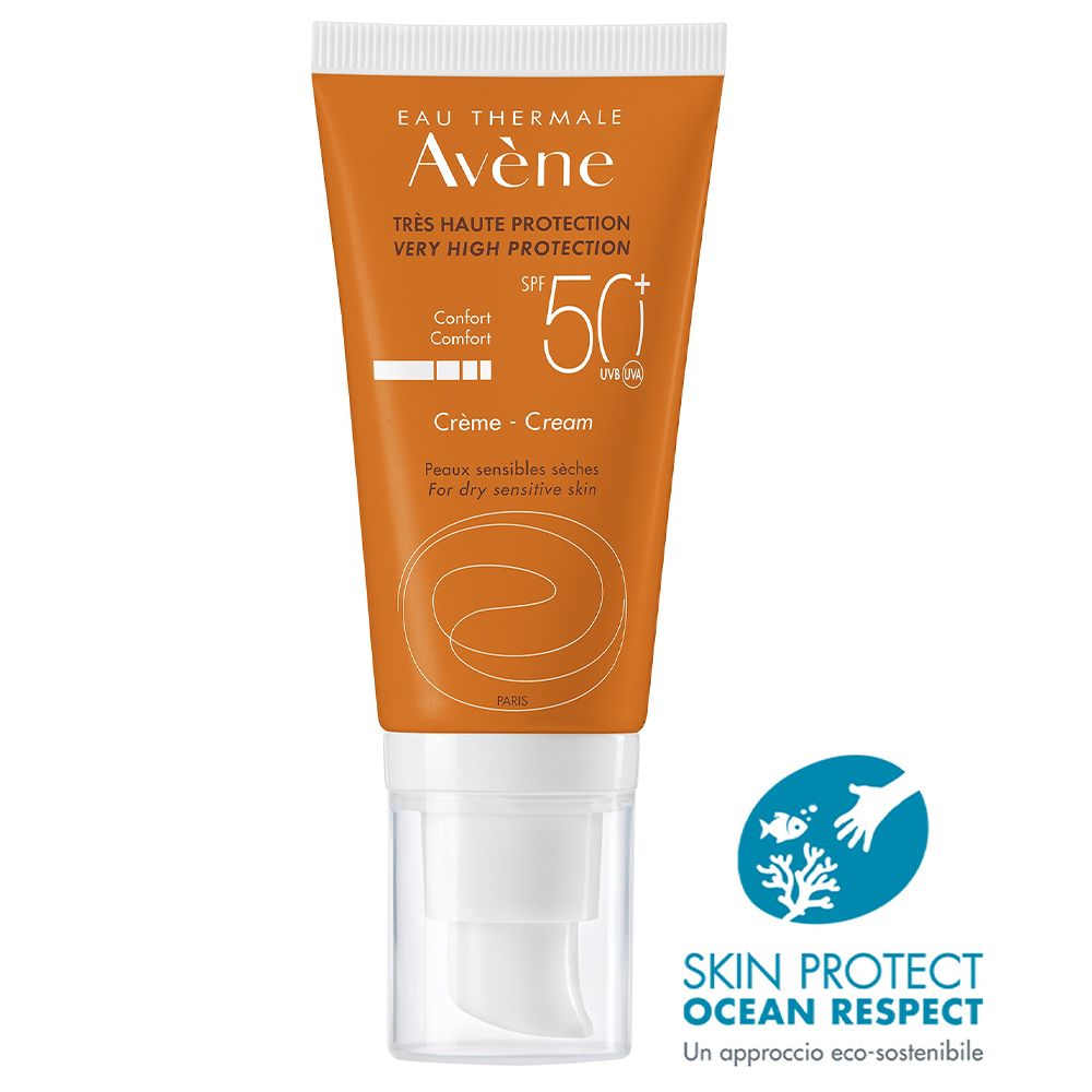 Tubo arancione con tappo bianco. Scritte: Avene, SPF 50+, Crema. Logo Skin Protect, Ocean Respect.