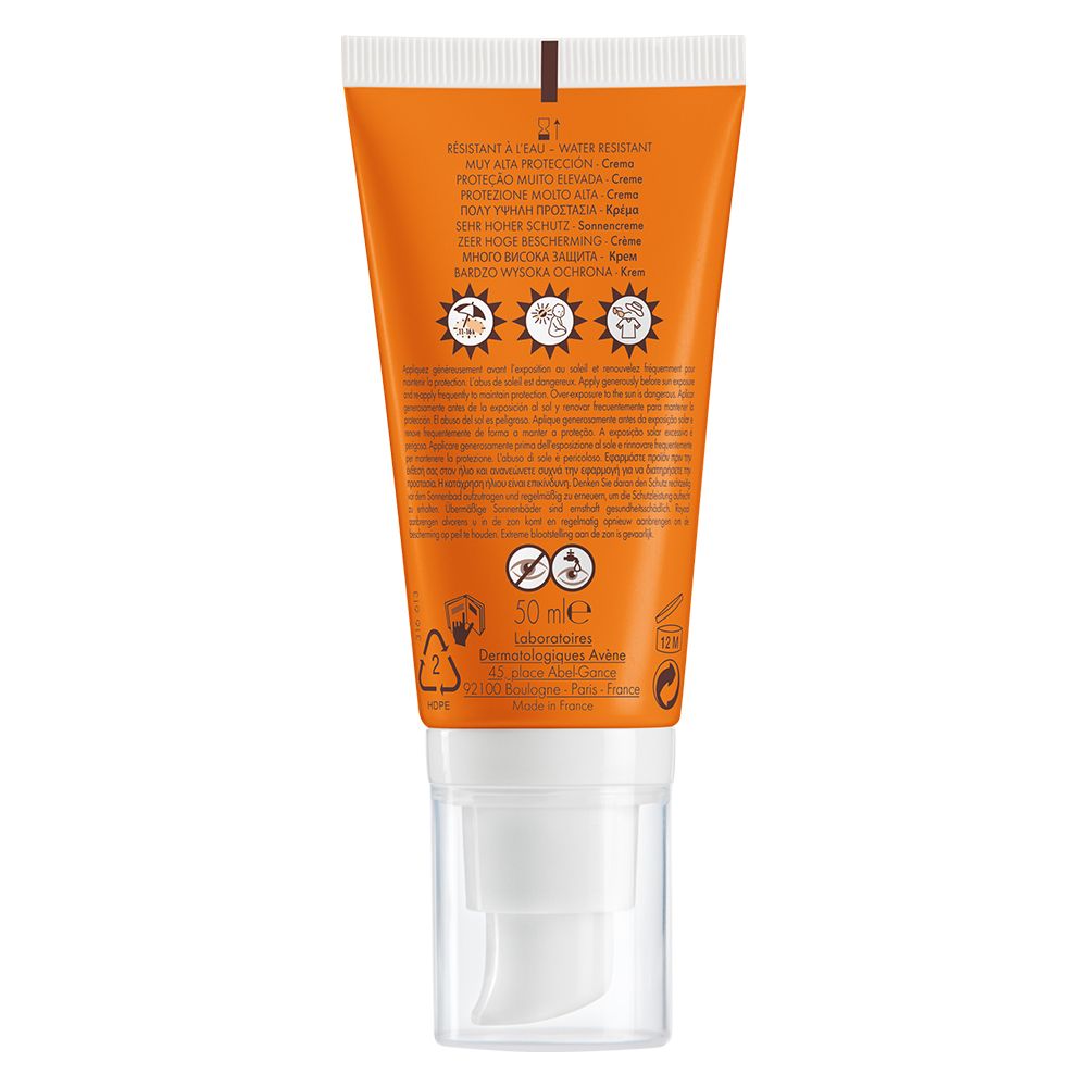 Retro di un tubo arancione. Testo e simboli. Resistente all'acqua. Per pelli secche e sensibili.