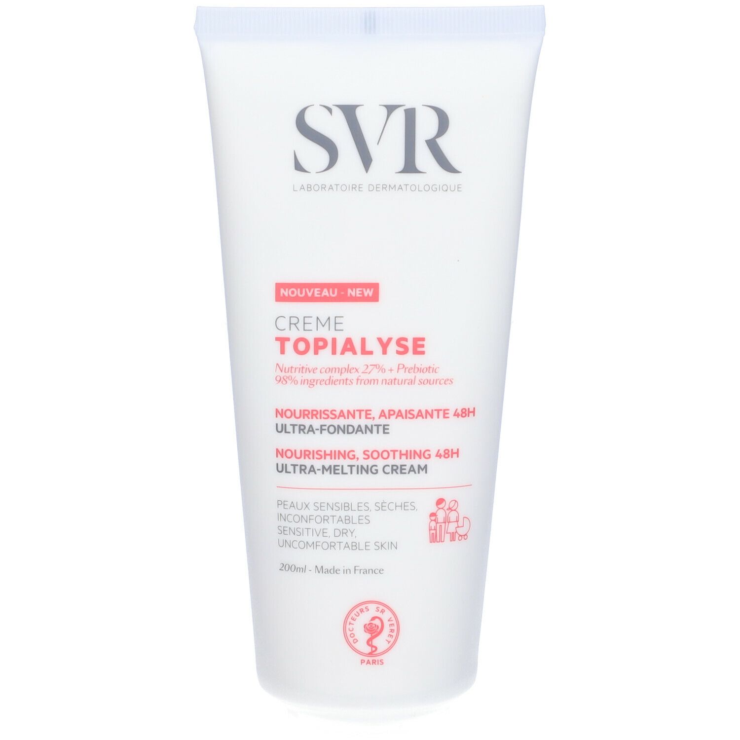 Tubo bianco SVR Topialyse Crème. 'Nuovo' e informazioni sugli ingredienti. Crema nutriente e lenitiva. 200ml.