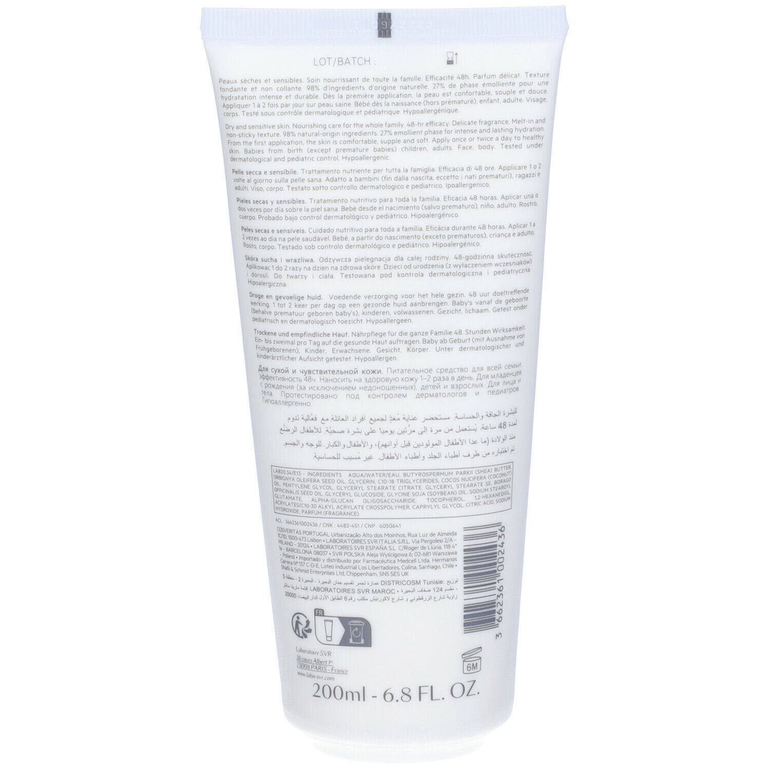 Retro di un tubo bianco con testo. Contiene informazioni sugli ingredienti, l'uso e il produttore. 200ml.