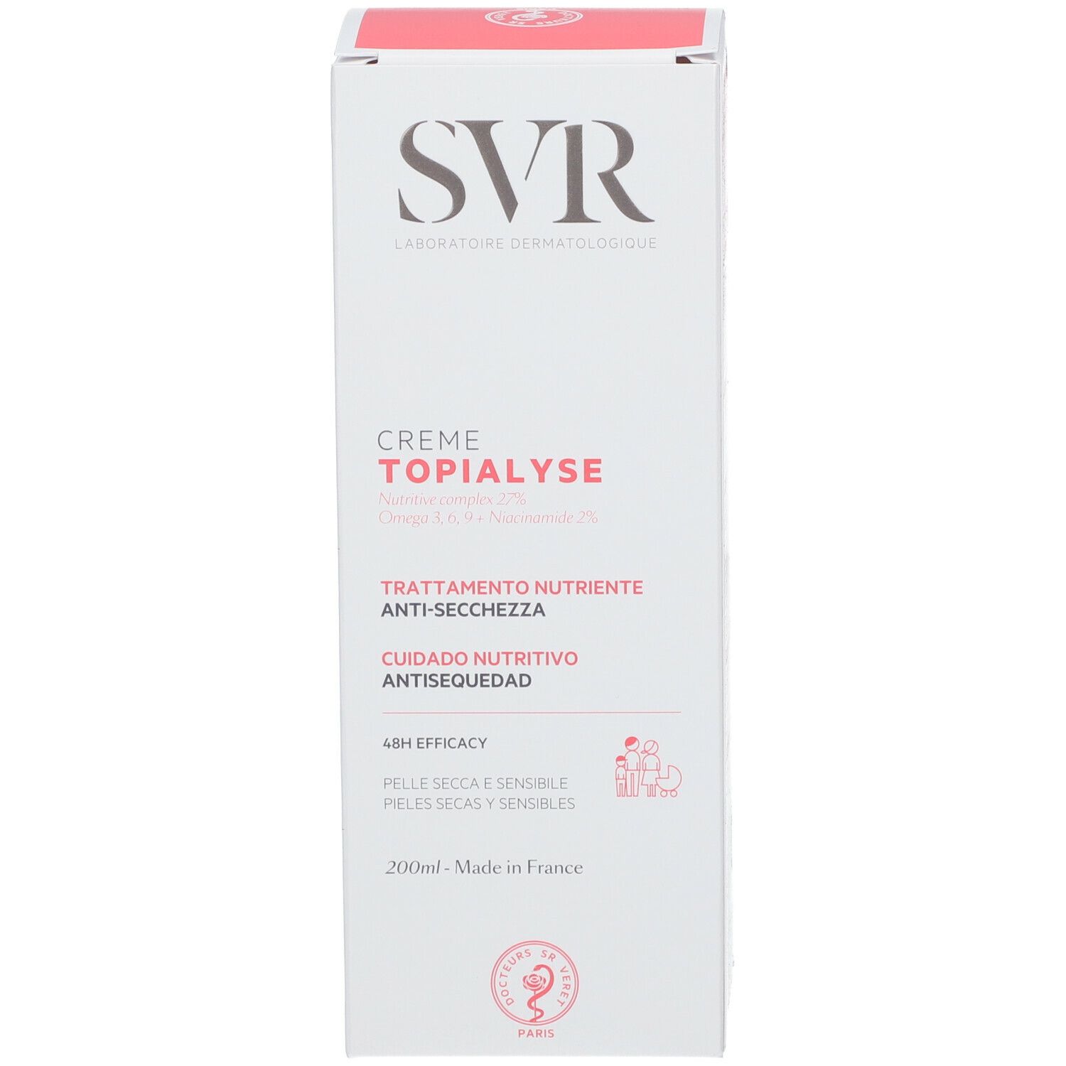 Confezione in cartone con logo SVR e Topialyse Crème. Informazioni su proprietà e utilizzo. 200ml. Made in France.