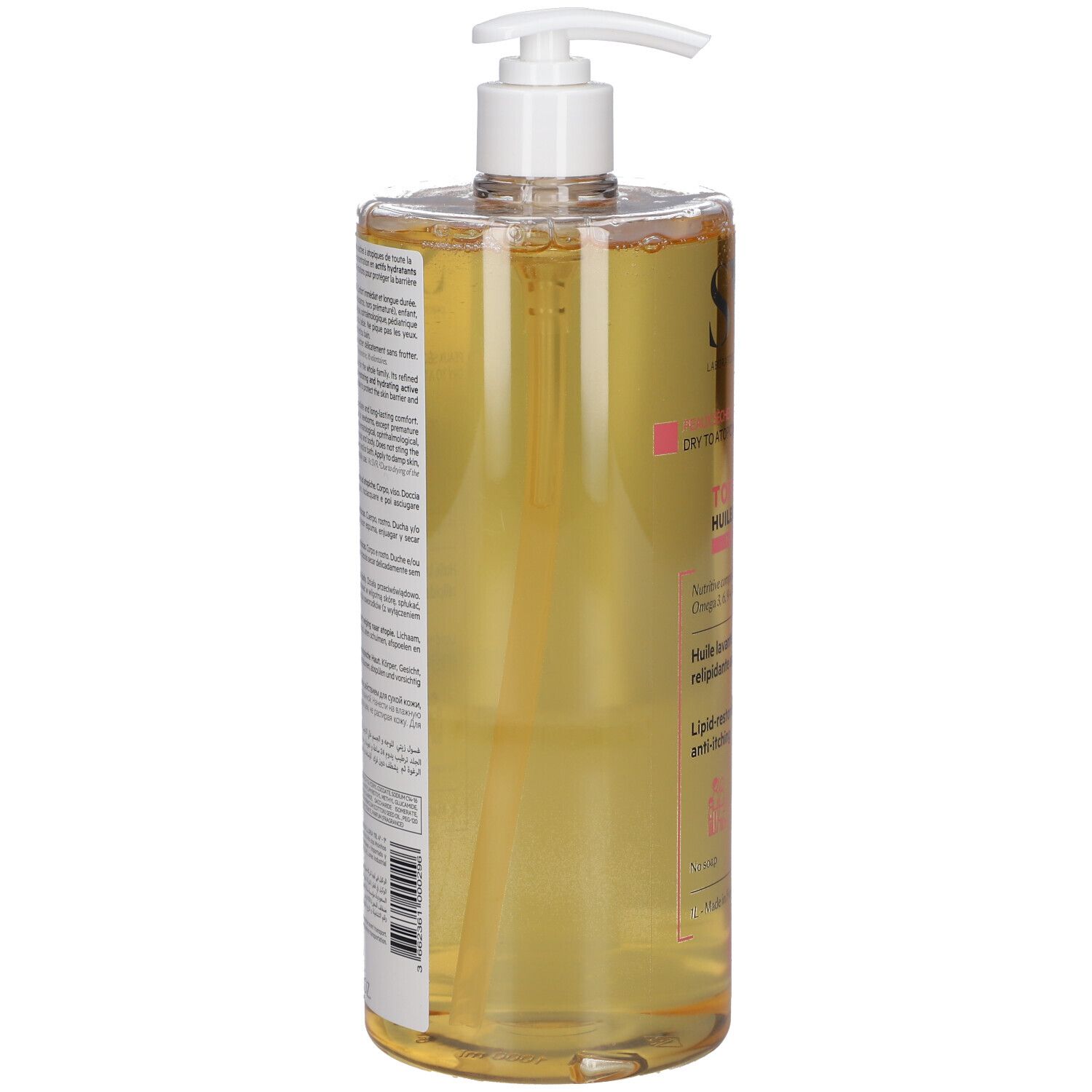 Flacone trasparente con liquido giallo e dosatore. Testo sul retro.