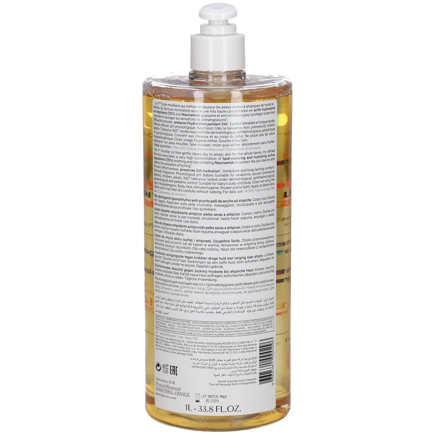 Vista posteriore di un flacone trasparente con liquido giallo e dosatore. Testo sul retro.