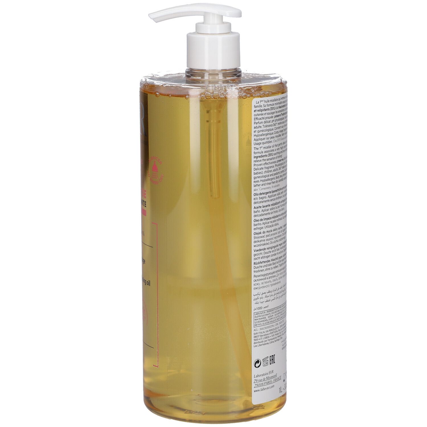 Vista posteriore di un flacone trasparente con liquido giallo e dosatore. Testo sul retro.