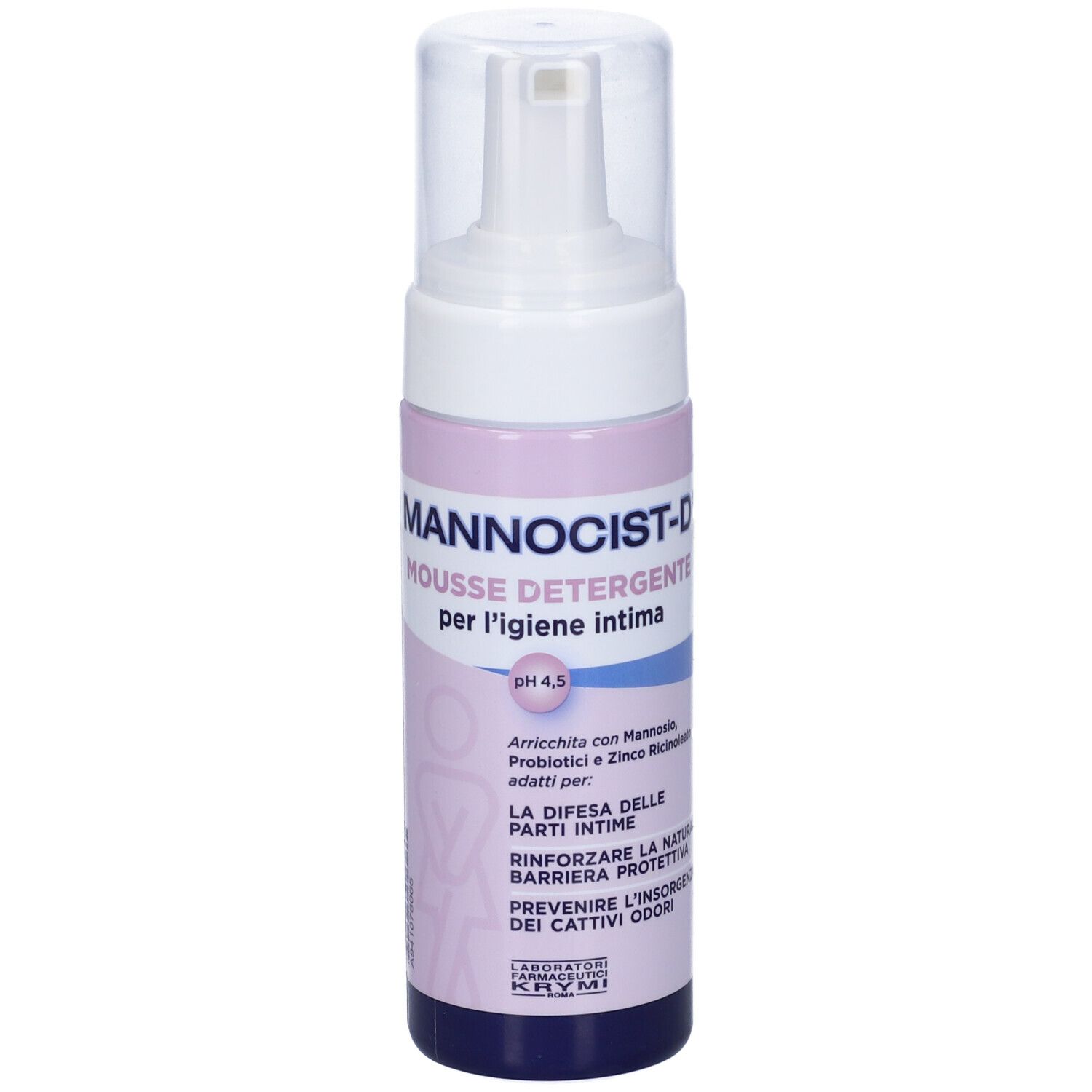 Flacone bianco-rosa con erogatore. Scritta: Mannocist-D Mousse Detergente. Per l'igiene intima. pH 4,5.