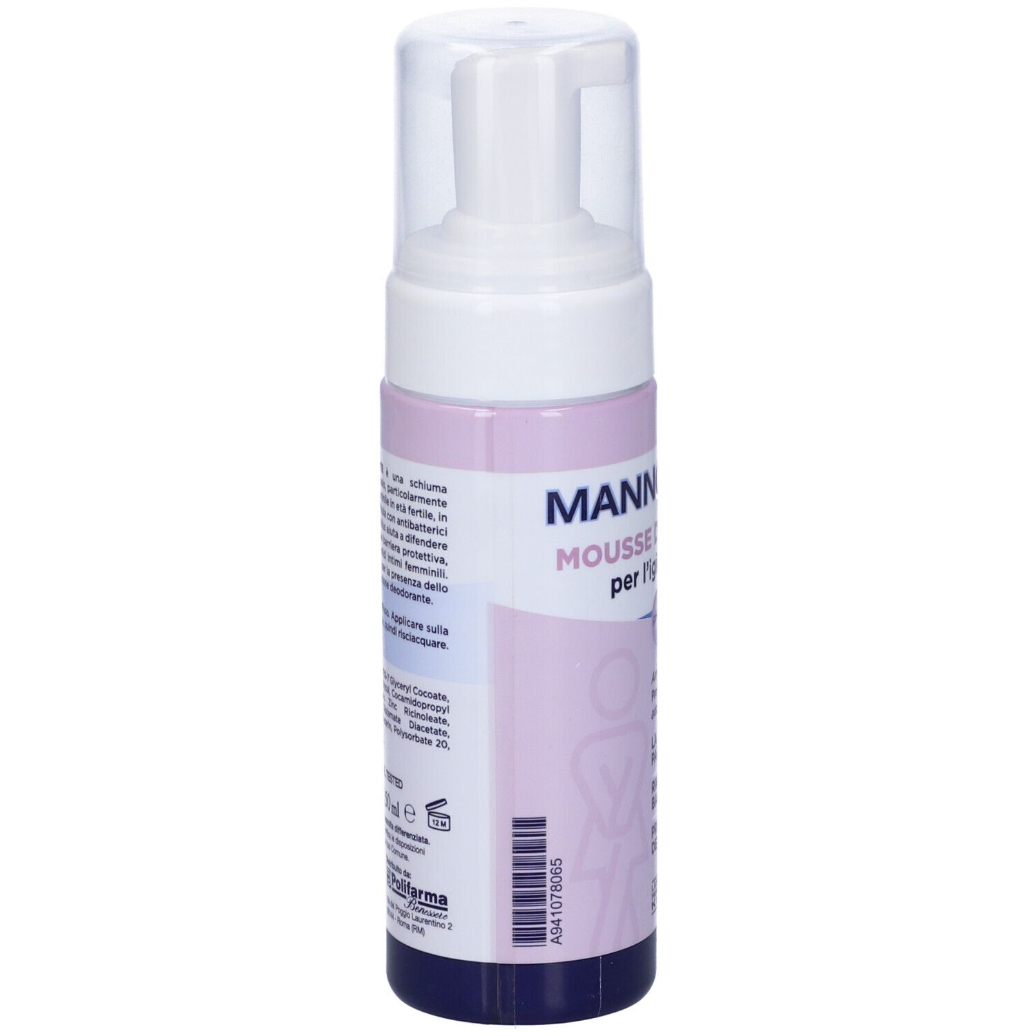 Flacone bianco-rosa con erogatore. Scritta: Mannocist-D Mousse. Testo sul retro.