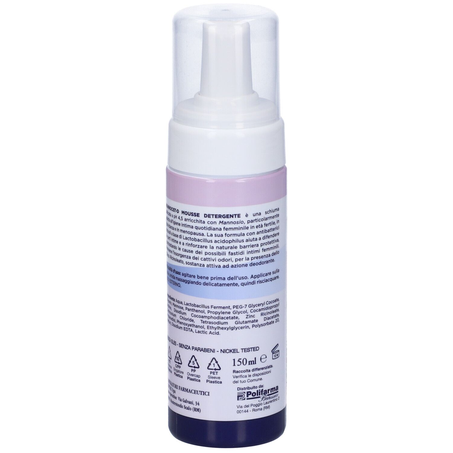 Retro del flacone. Testo con ingredienti e informazioni. 150ml. Senza parabeni.
