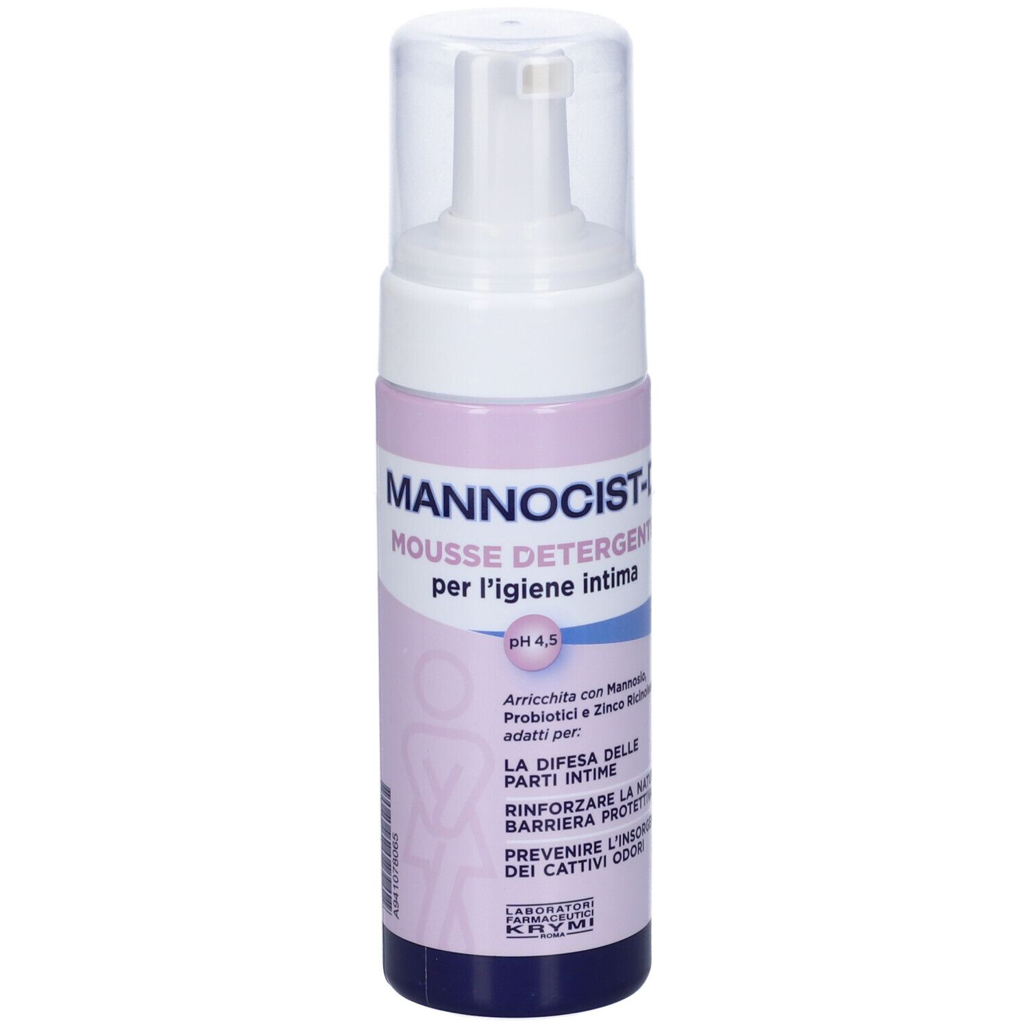 Flacone bianco-rosa con erogatore. Scritta: Mannocist-D Mousse Detergente. Per l'igiene intima. pH 4,5.