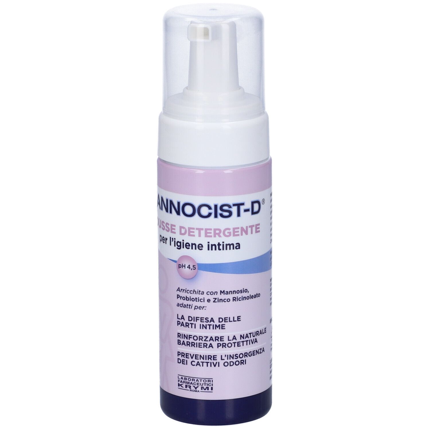 Flacone bianco-rosa con erogatore. Scritta: Mannocist-D Detergente. Per l'igiene intima. pH 4,5.