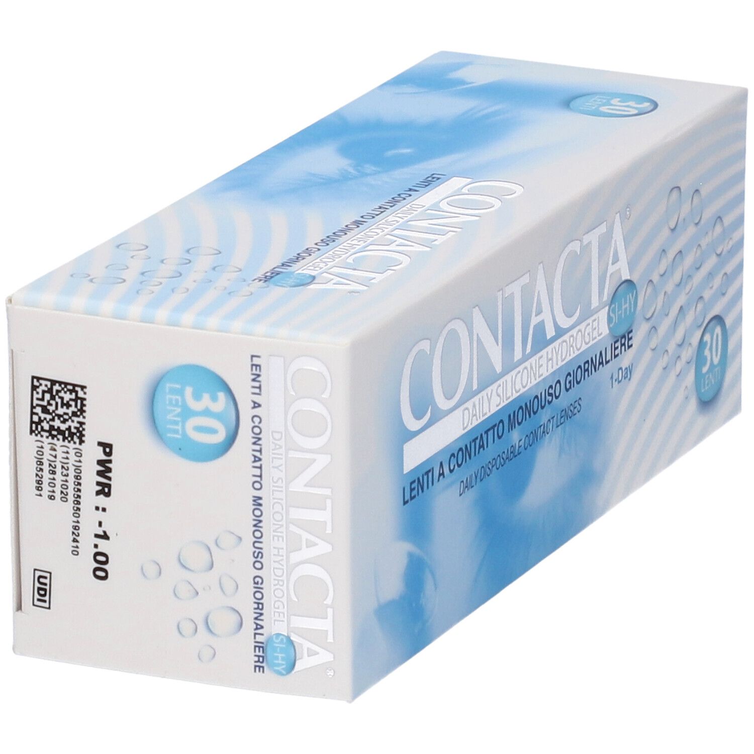 Confezione di lenti CONTACTA. Scritta: Lenti a contatto monouso giornaliere, 30 lenti. Vista angolata.