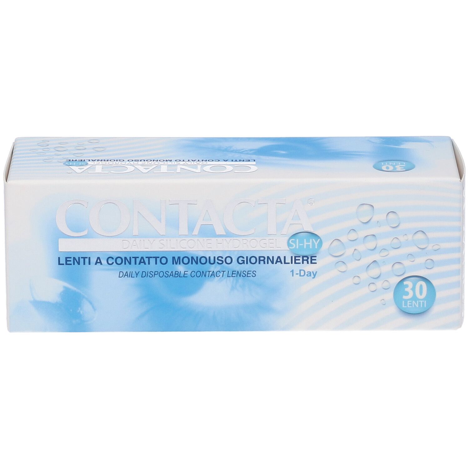 Confezione di lenti a contatto CONTACTA. Scritta: Lenti a contatto monouso giornaliere, 30 lenti. Design bianco e blu.
