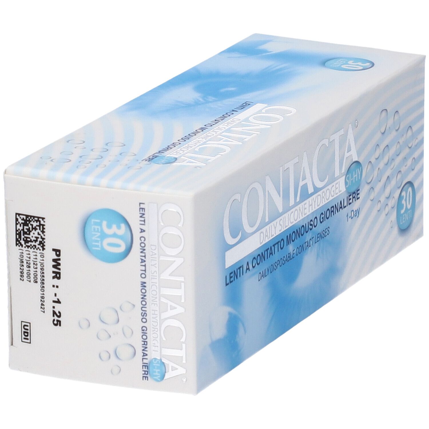 Confezione di lenti a contatto. Scritta CONTACTA, Daily Silicone Hydrogel, Lenti a contatto monouso giornaliere. 30 lenti.