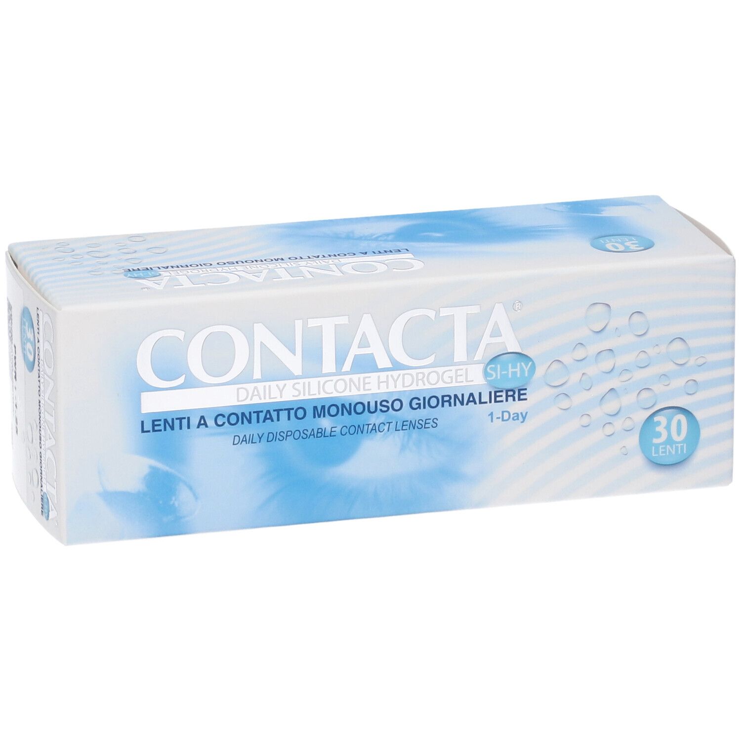 Confezione di lenti a contatto. Scritta CONTACTA, Daily Silicone Hydrogel, Lenti a contatto monouso giornaliere. 30 lenti.