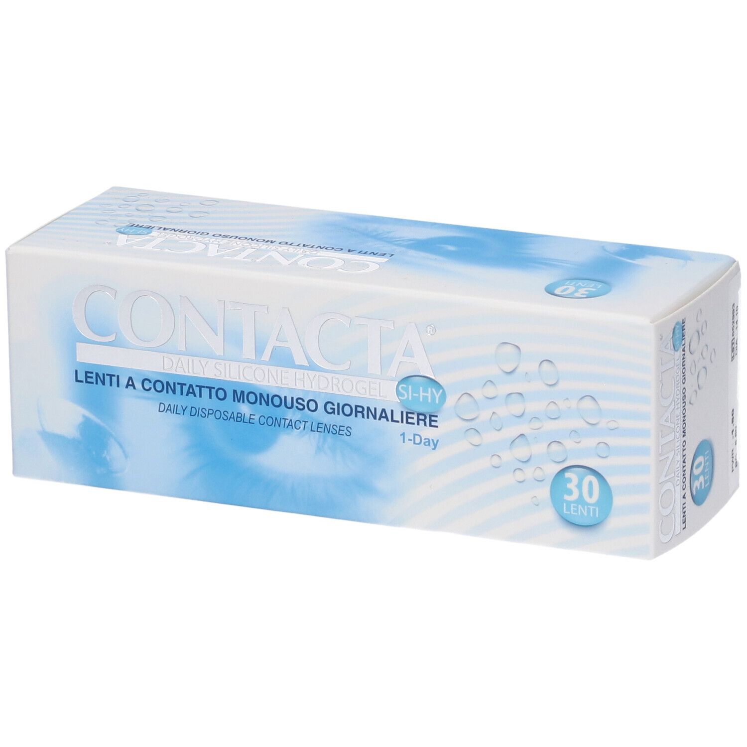 Scatola bianca CONTACTA, 30 lenti. Testo: Lenti a contatto monouso giornaliere, Daily Disposable Contact Lenses. 1-Day.