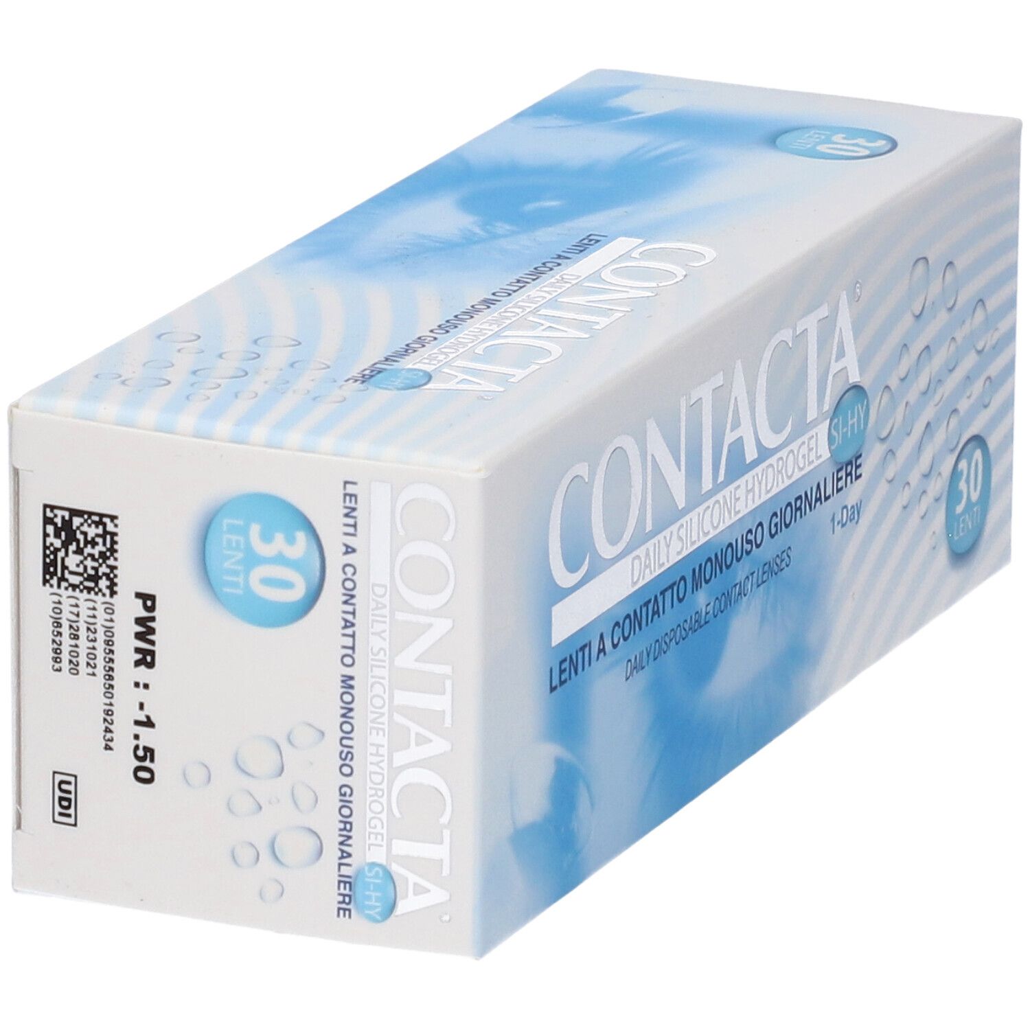 Scatola CONTACTA, 30 lenti. Testo: Lenti a contatto monouso giornaliere, Daily Disposable Contact Lenses. 1-Day. PWR -1.50.
