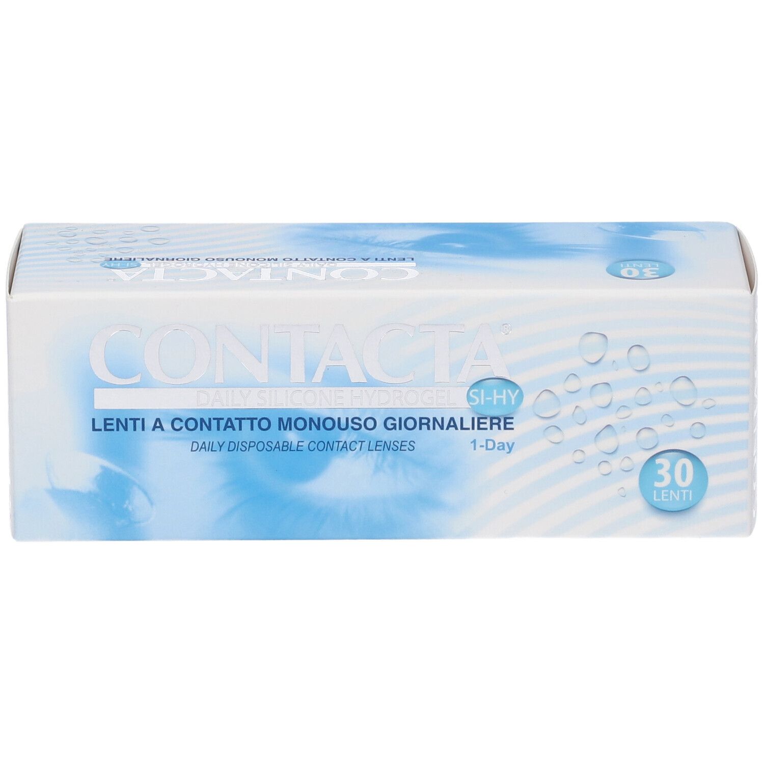 Scatola bianca CONTACTA, 30 lenti. Testo: Lenti a contatto monouso giornaliere, Daily Silicone Hydrogel. 1-Day. Occhio blu.