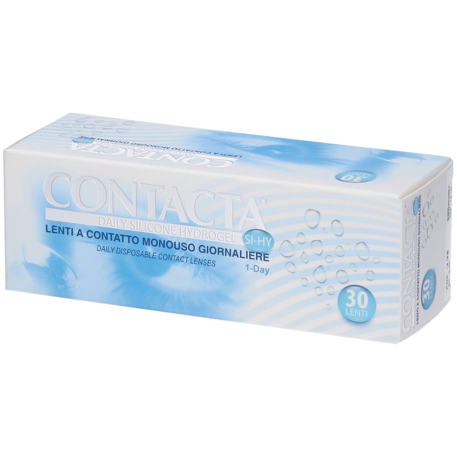 Confezione di lenti a contatto CONTACTA. 30 lenti. Immagine occhio blu.