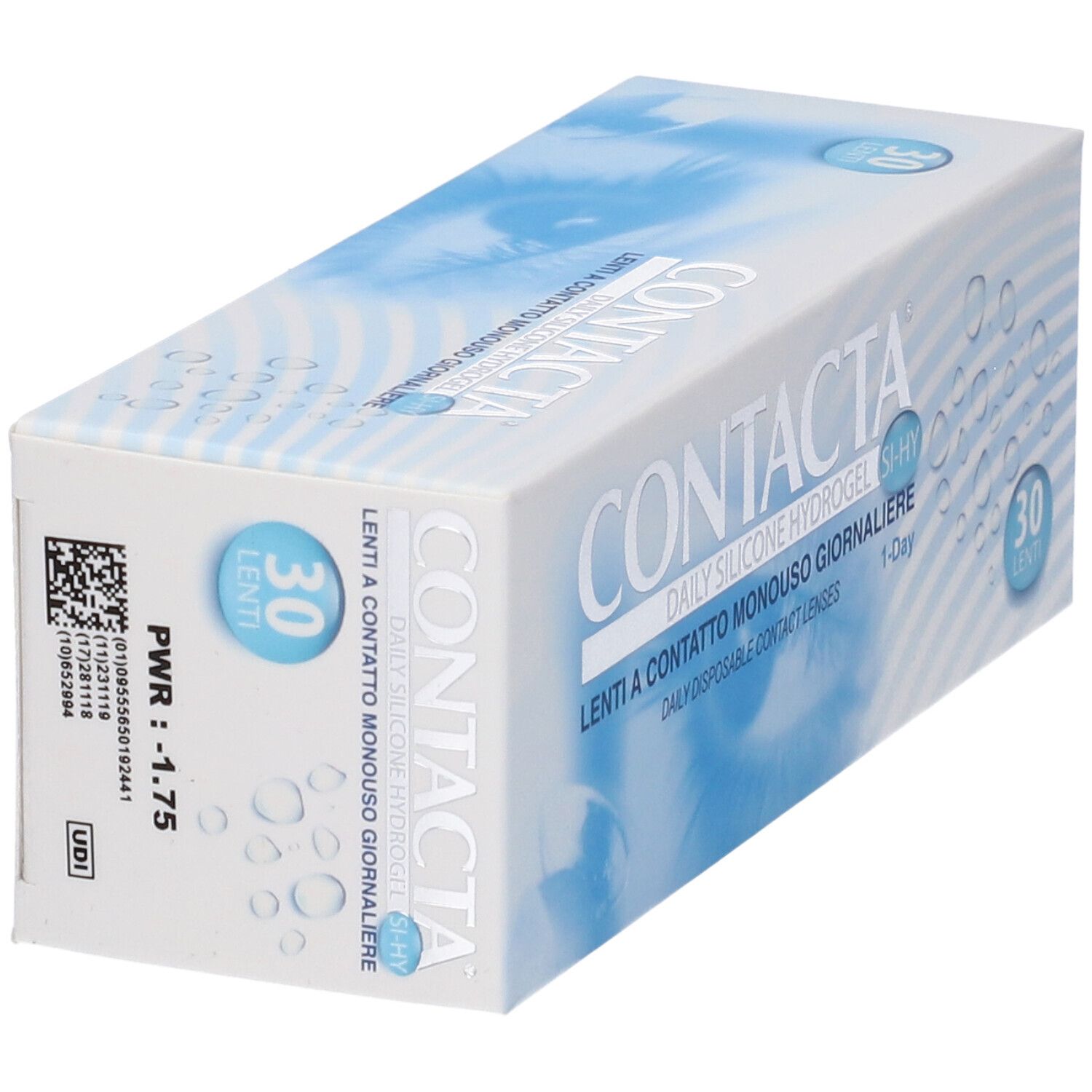 Confezione di lenti a contatto CONTACTA. 30 lenti. Immagine occhio blu.
