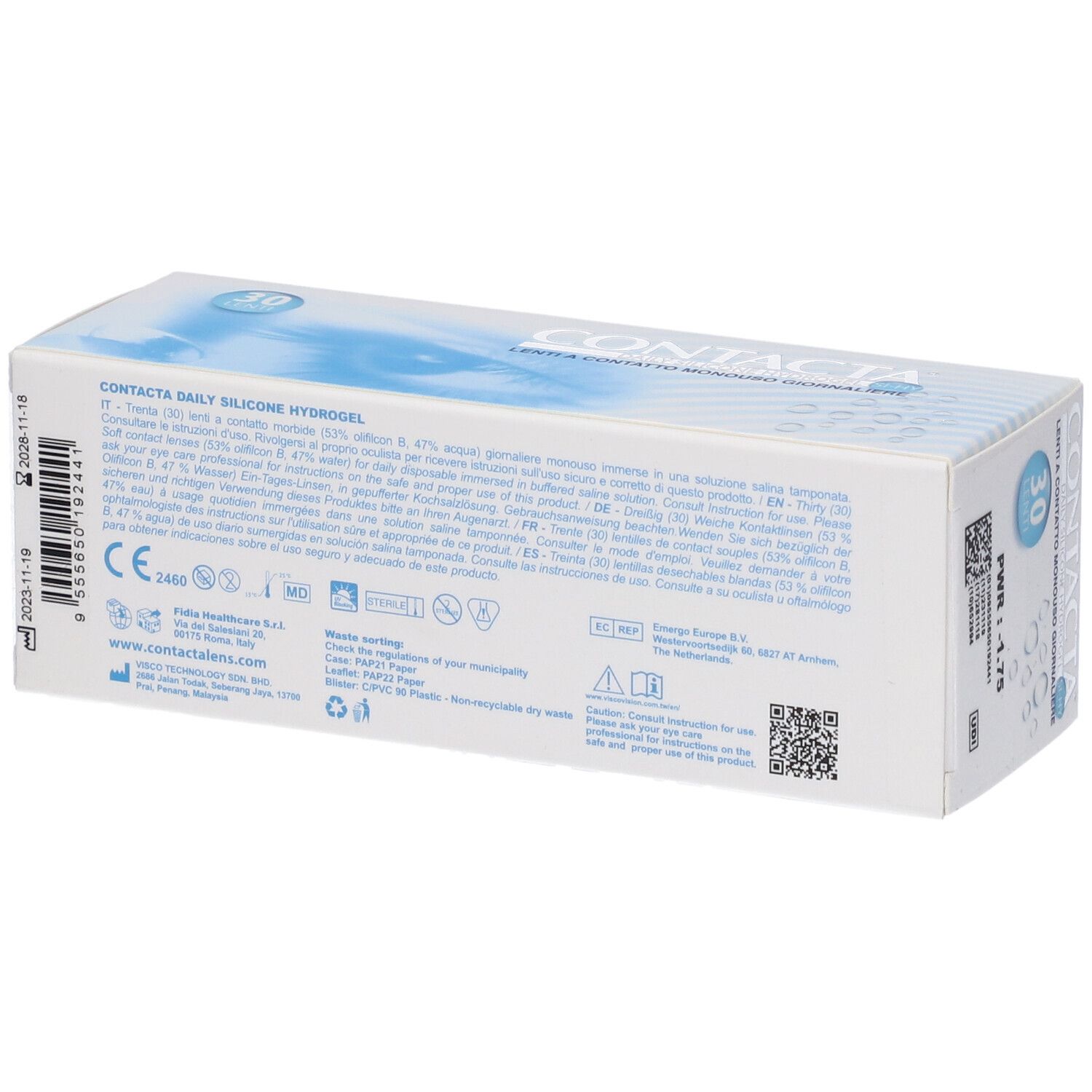 Confezione di lenti a contatto CONTACTA. 30 lenti. Immagine occhio blu.
