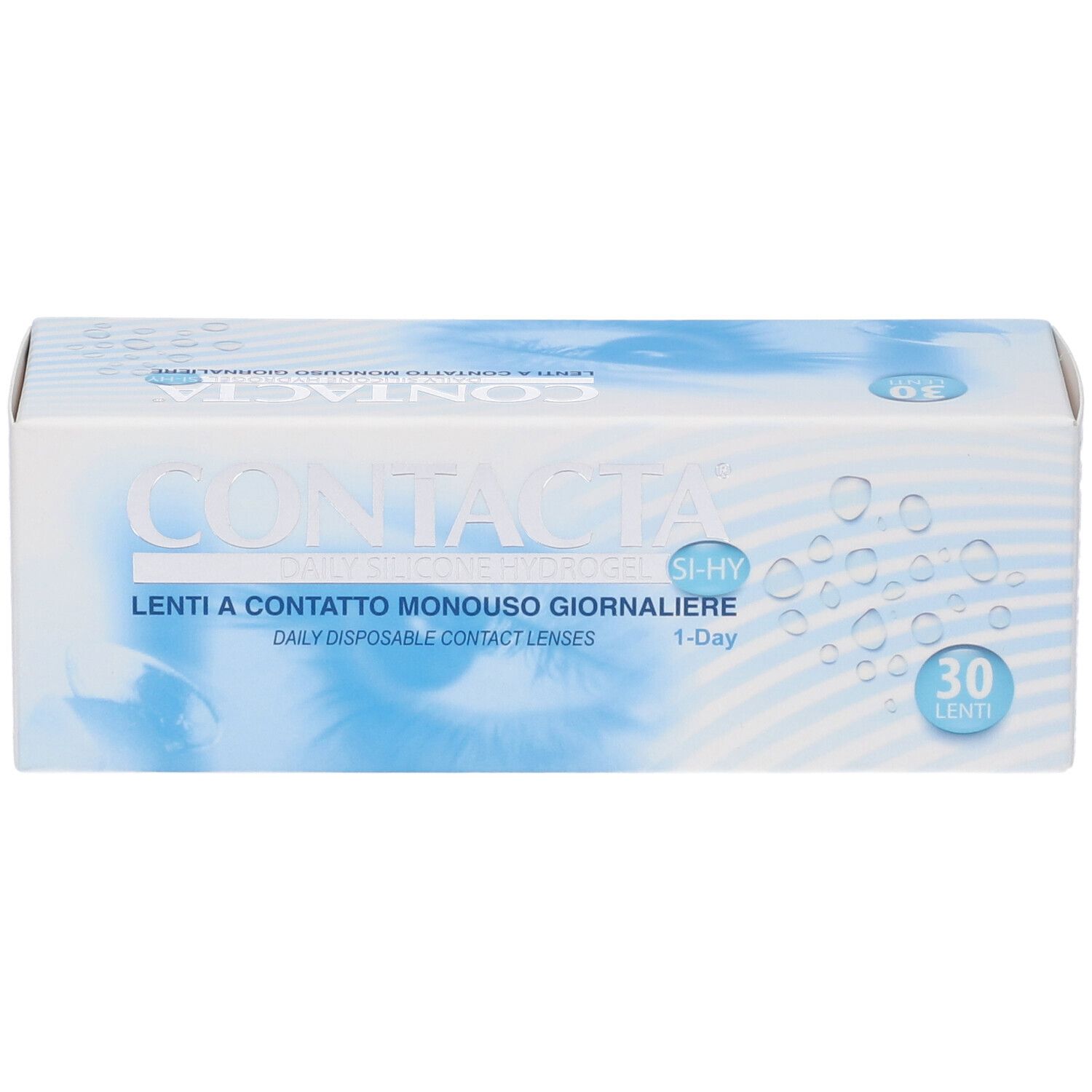 Confezione di lenti a contatto CONTACTA. 30 lenti. Immagine occhio blu.