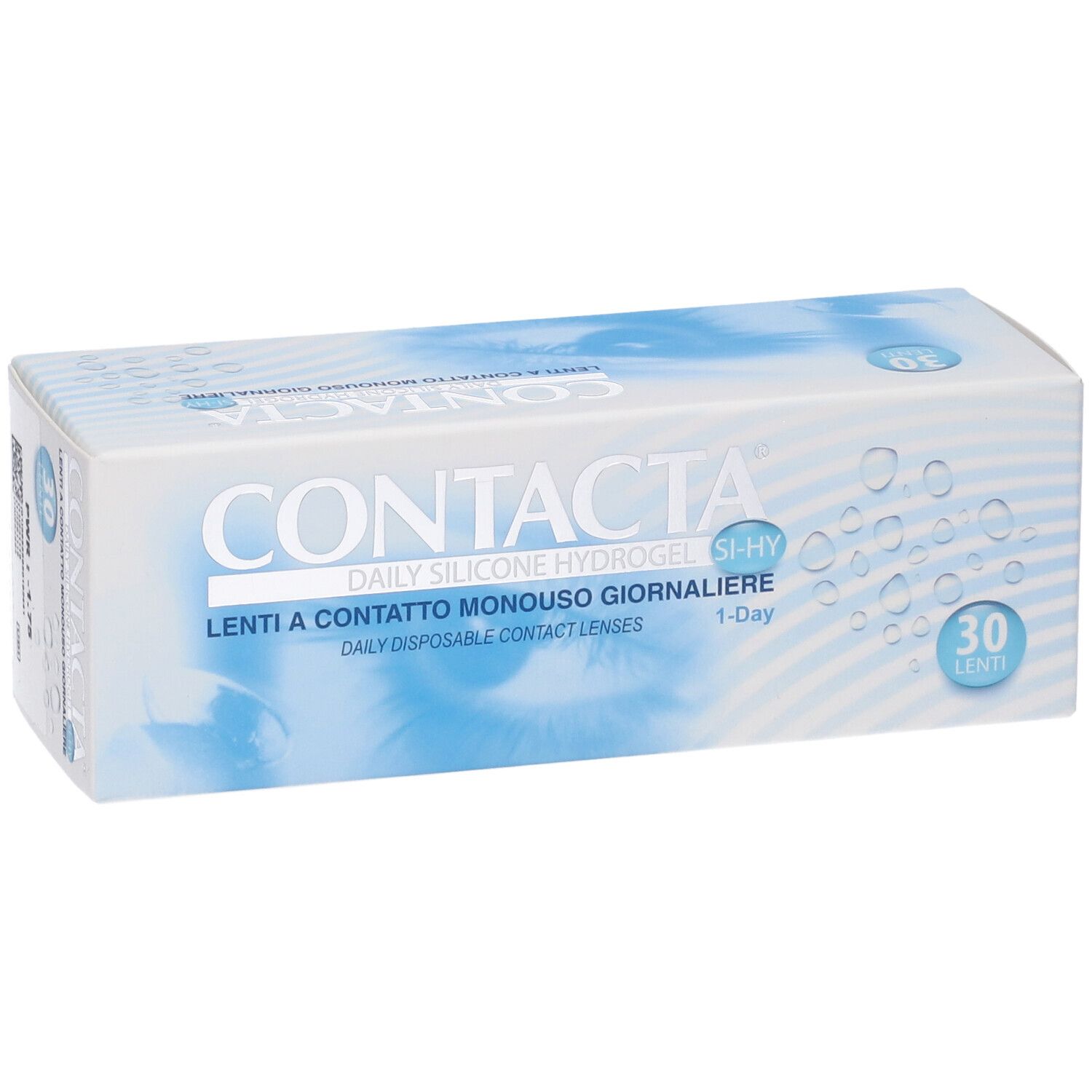 Confezione di lenti a contatto CONTACTA. 30 lenti. Immagine occhio blu.