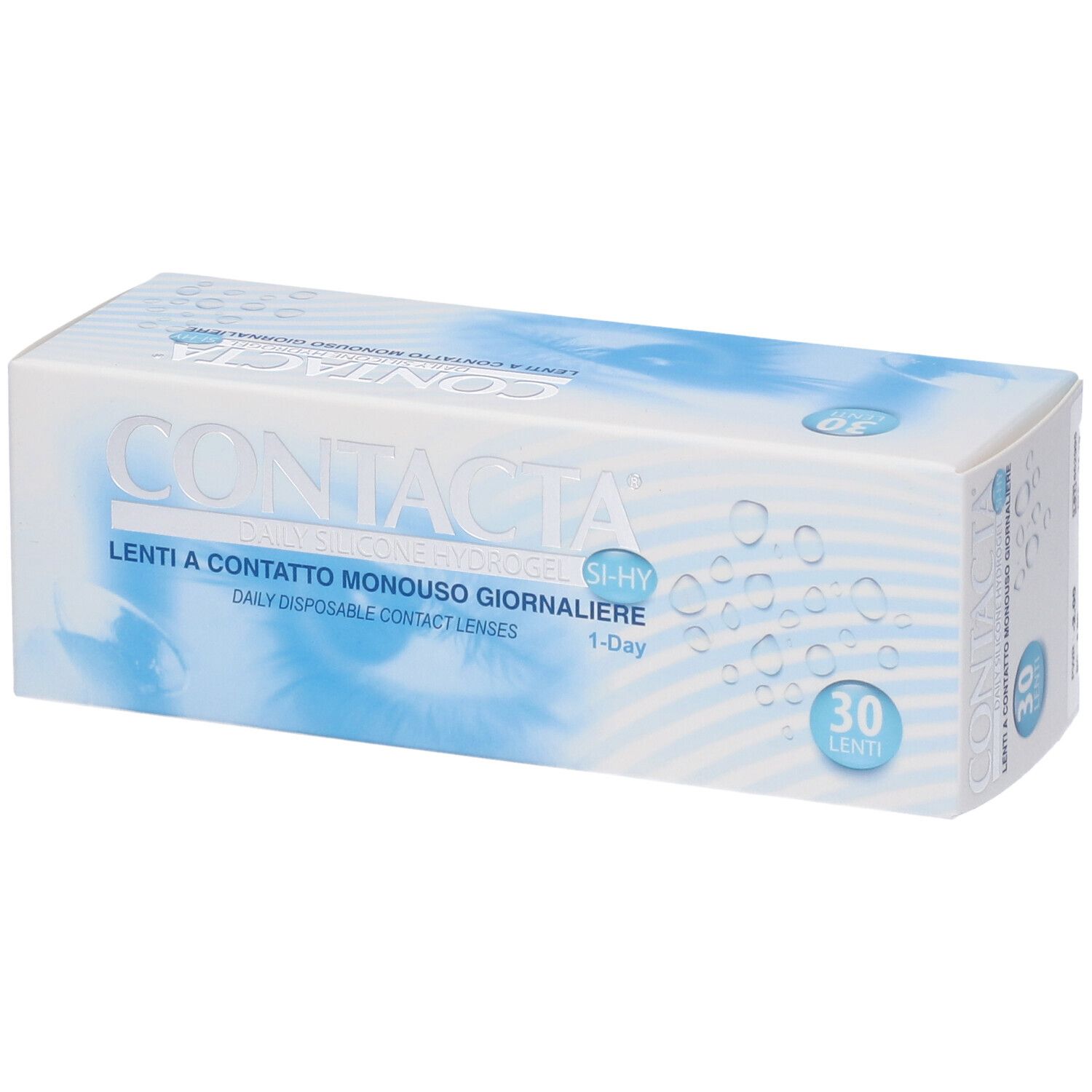 Confezione di lenti a contatto. Scritta CONTACTA, Lenti a Contatto Monouso Giornaliera, 30 lenti.