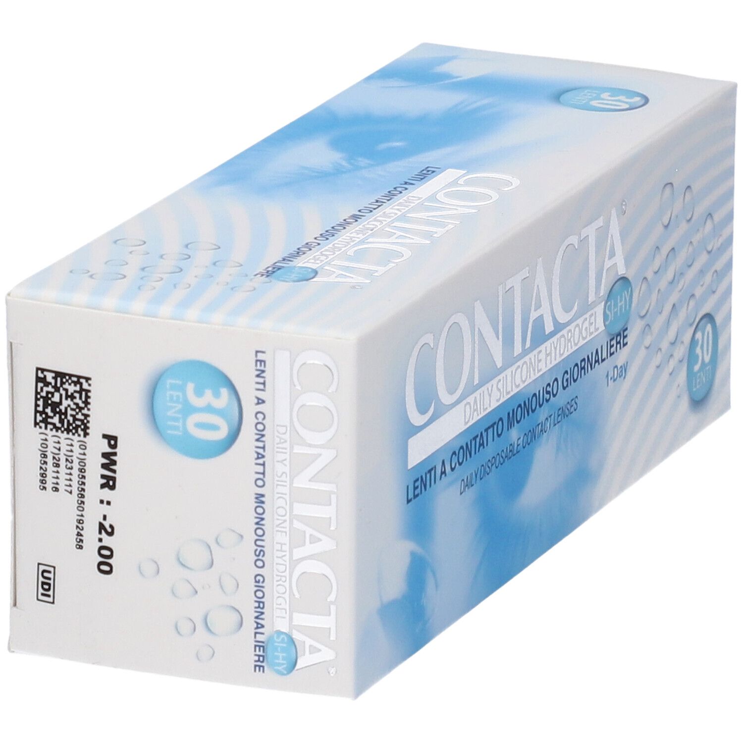 Confezione di lenti a contatto. Scritta CONTACTA, Lenti a Contatto Monouso Giornaliera, 30 lenti.