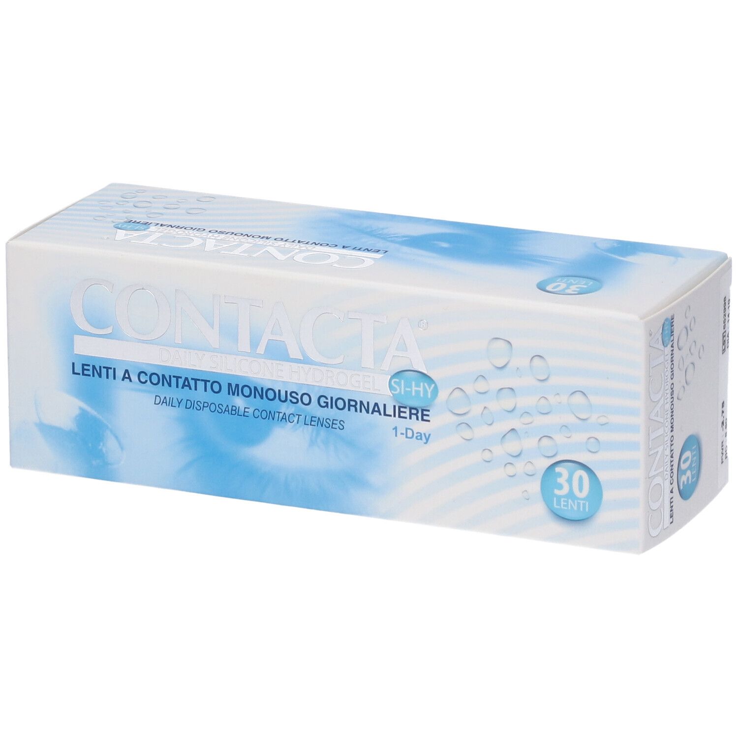 Confezione di lenti a contatto. Lenti giornaliere. 30 pezzi. Confezione blu e bianca.
