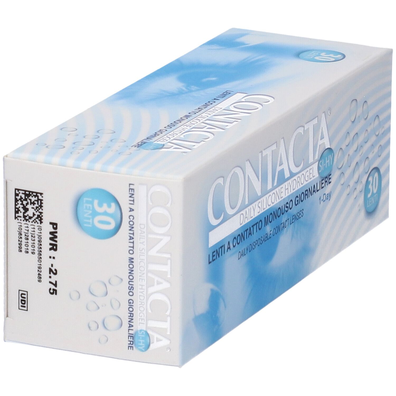 Confezione di lenti a contatto. Lenti giornaliere. 30 pezzi. Confezione blu e bianca.
