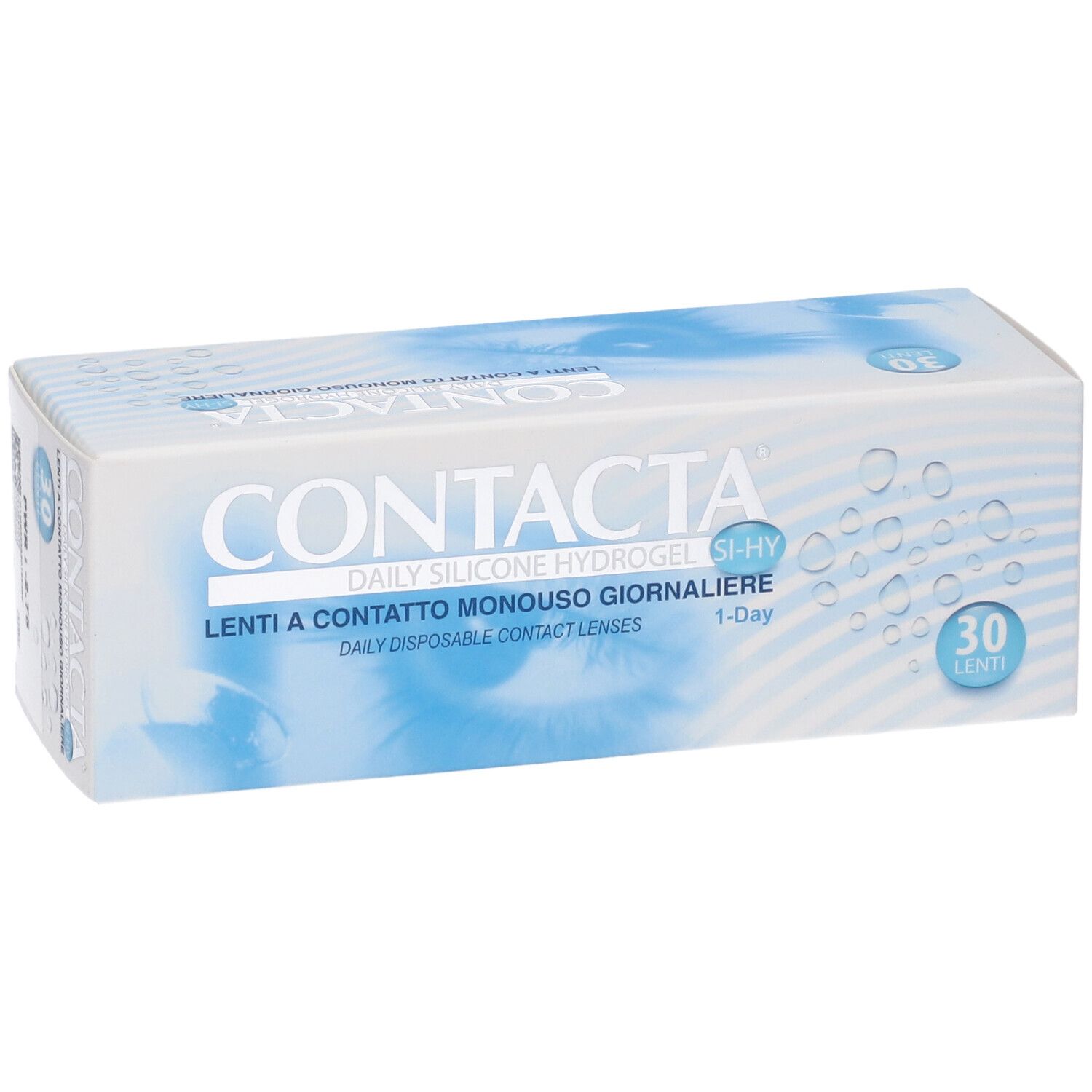 Confezione di lenti a contatto. Lenti giornaliere. 30 pezzi. Confezione blu e bianca.