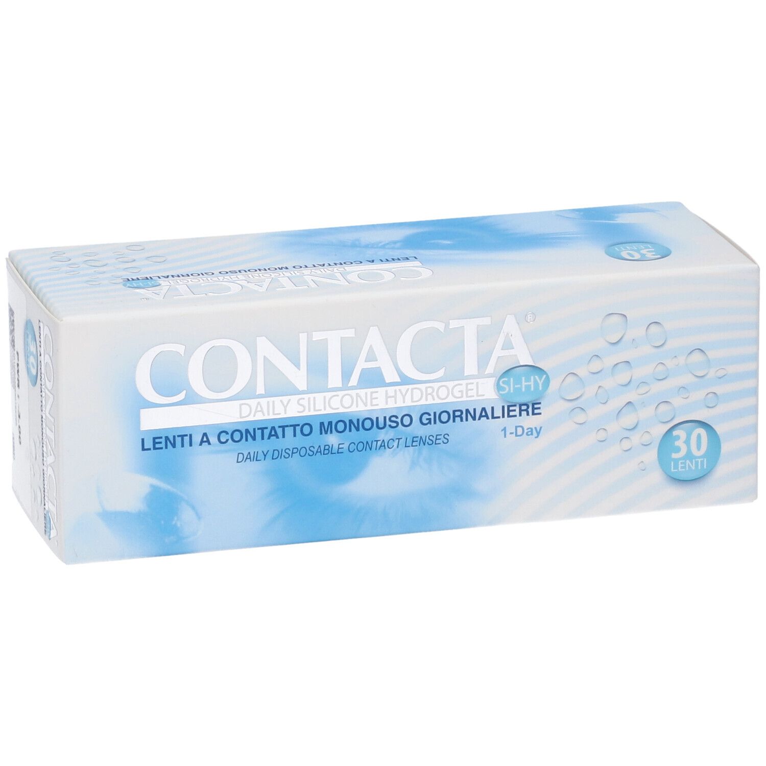 Confezione di lenti a contatto. Scritta CONTACTA, Lenti a Contatto Monouso Giornaliere, 30 pezzi.