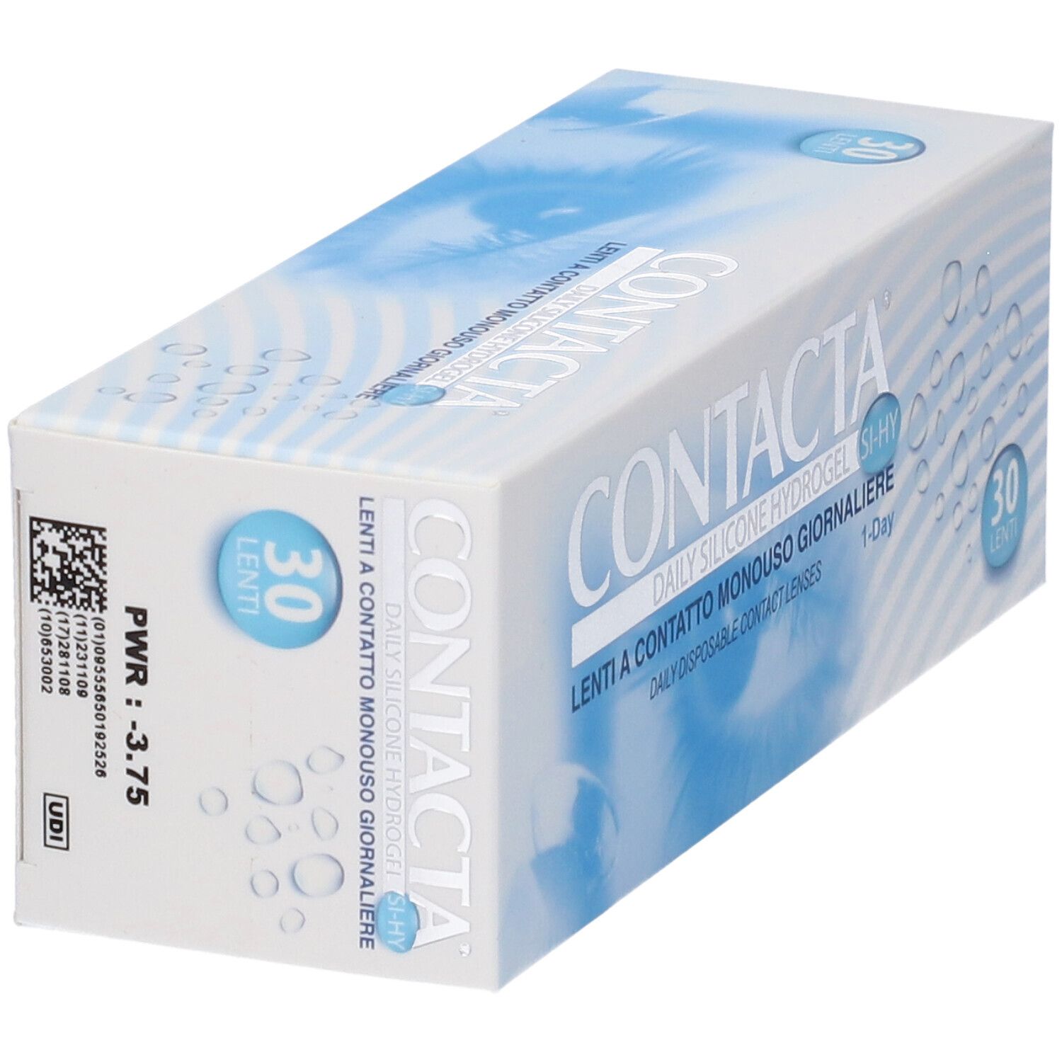 Confezione di lenti a contatto. Scritta CONTACTA, Lenti a contatto monouso giornaliere, 30 lenti. Vista angolata.