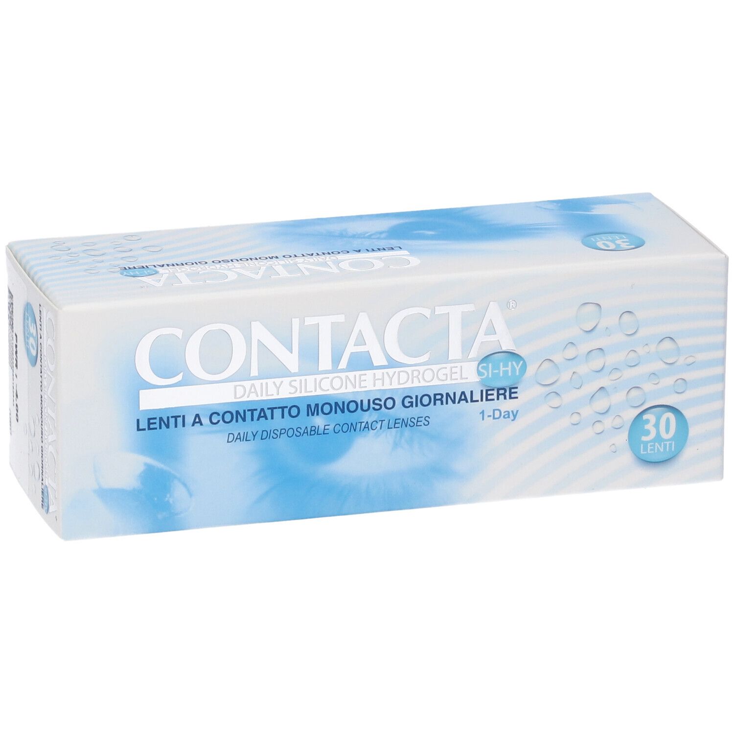 Confezione di lenti a contatto. Scritta CONTACTA, Lenti a contatto monouso giornaliere, 30 lenti.