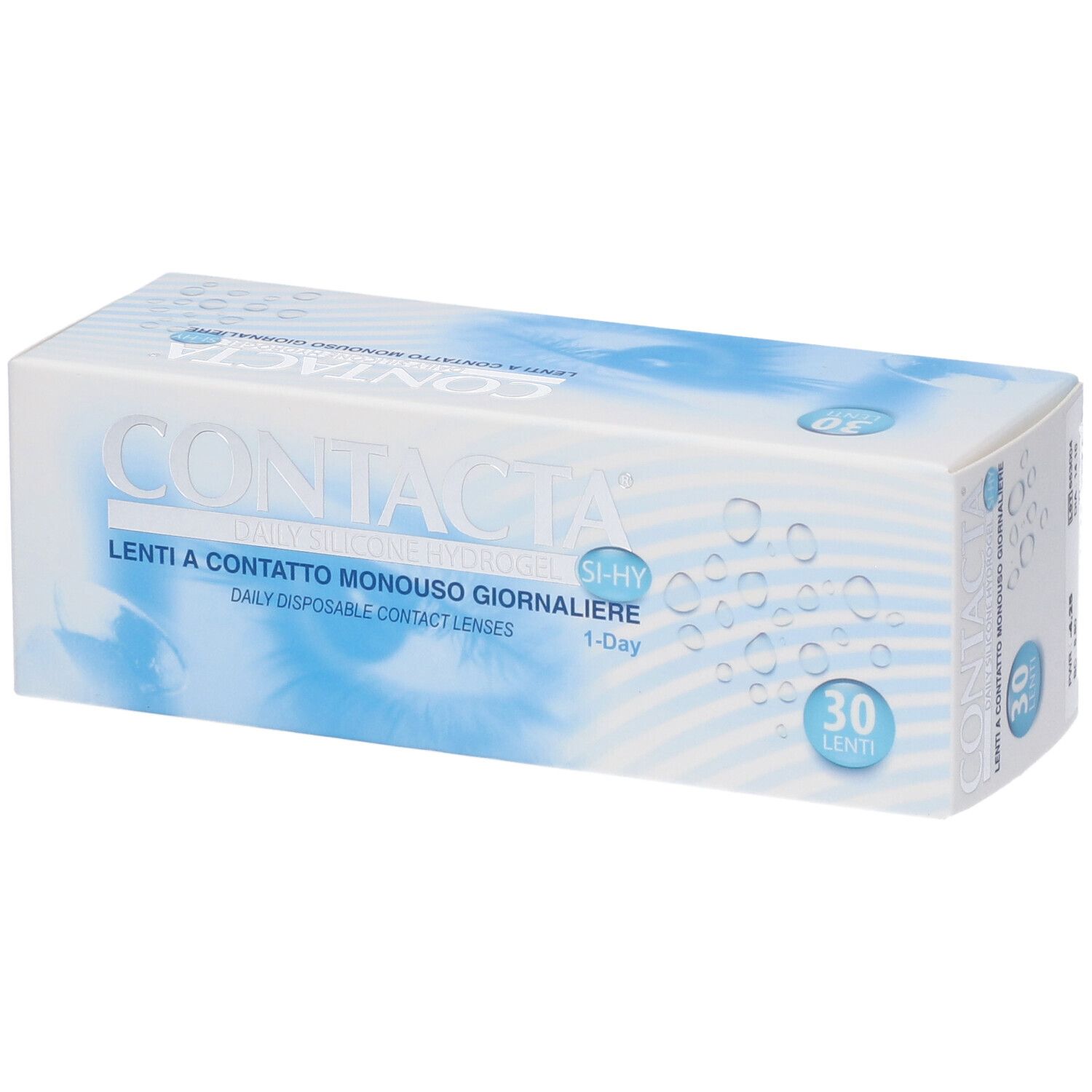 Confezione di lenti a contatto CONTACTA. 30 pezzi. Scatola bianca e blu con informazioni sul prodotto.