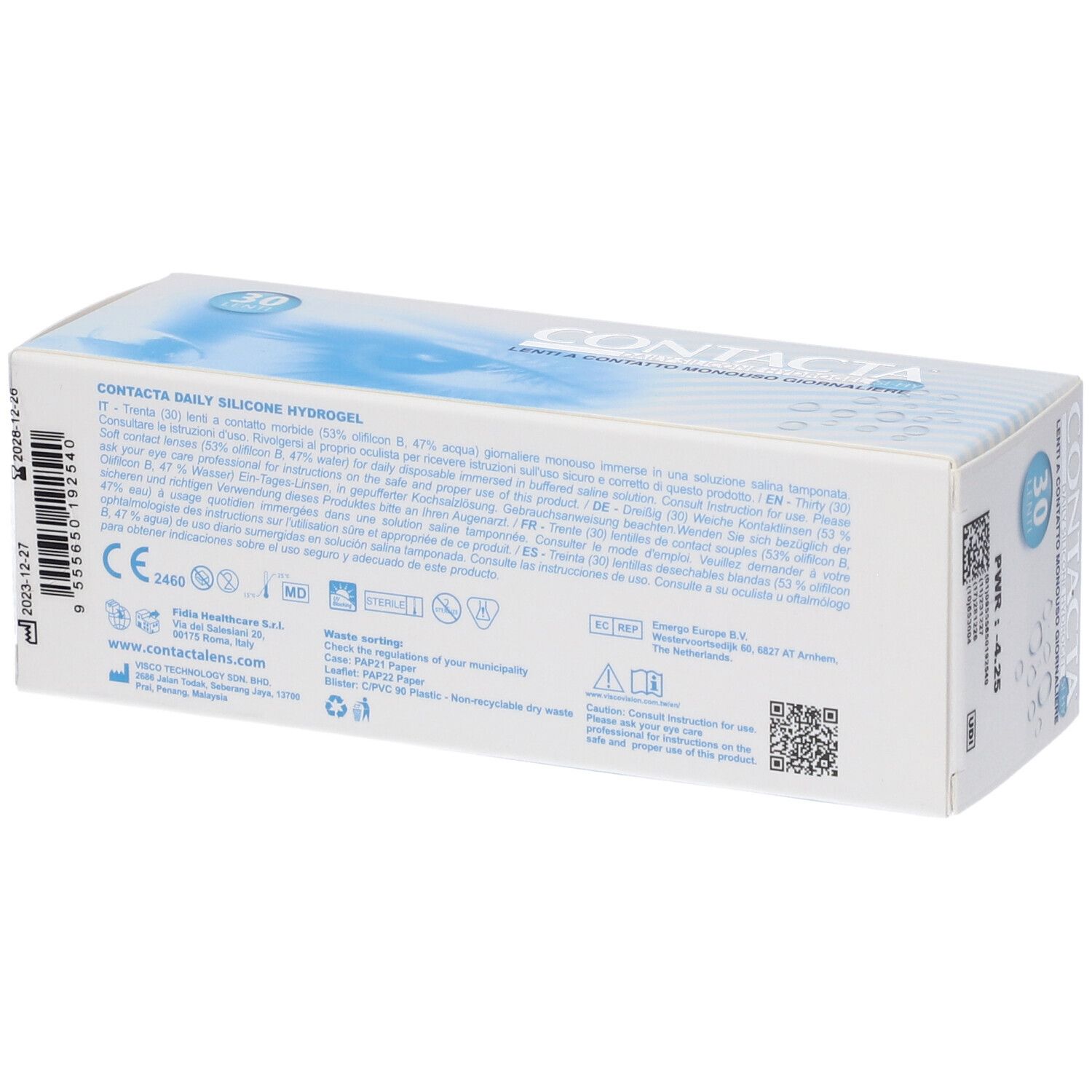 Confezione di lenti a contatto CONTACTA. 30 pezzi. Scatola bianca e blu con informazioni sul prodotto.