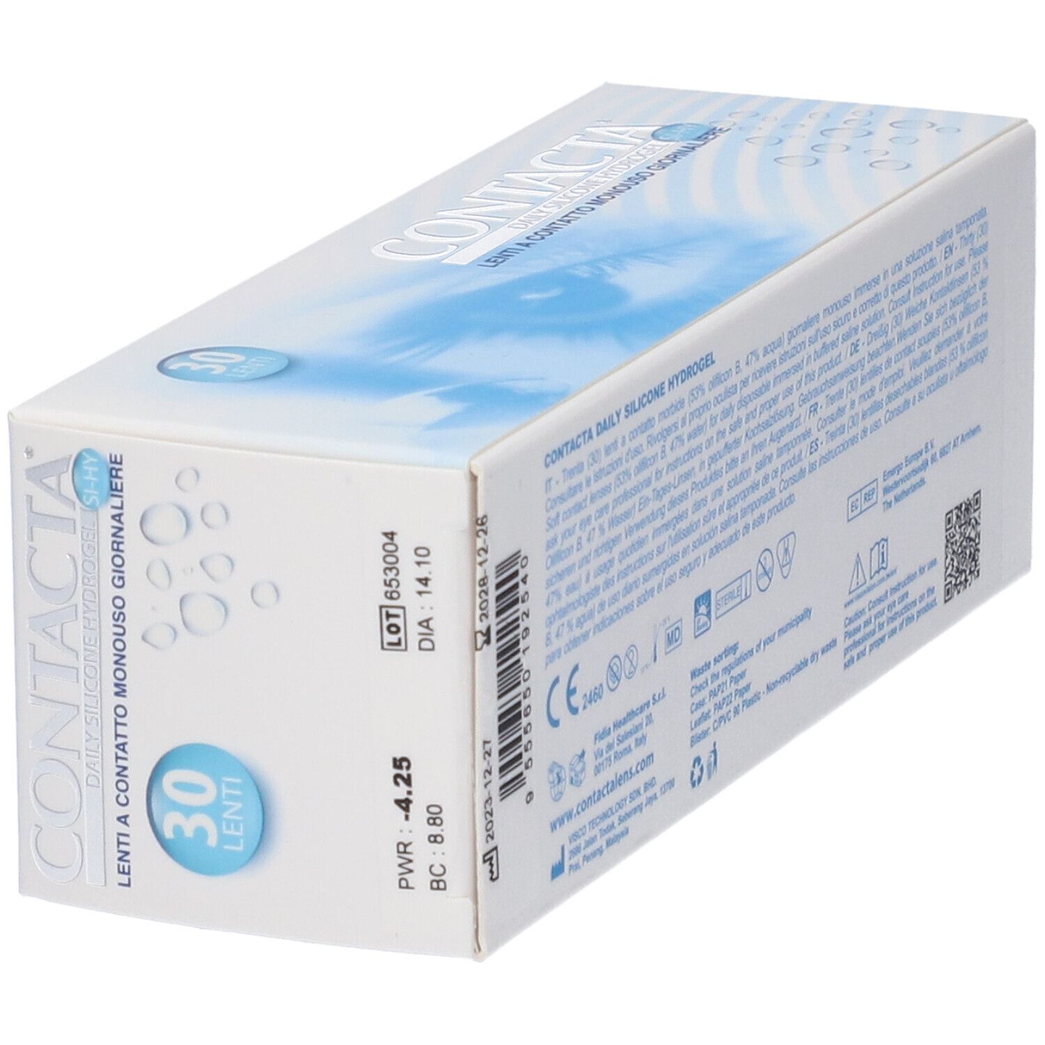 Confezione di lenti a contatto CONTACTA. 30 pezzi. Scatola bianca e blu con informazioni sul prodotto.