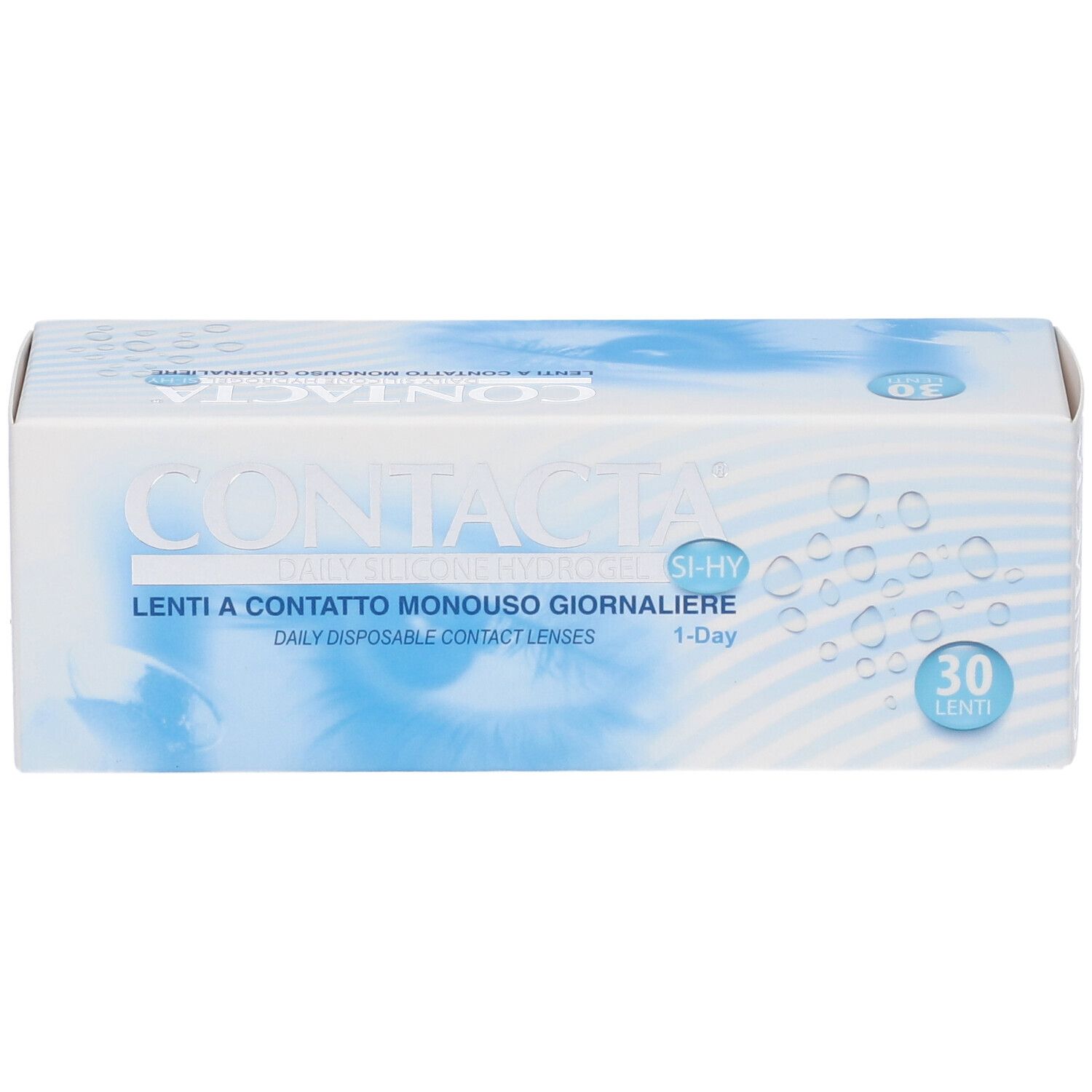 Confezione di lenti a contatto CONTACTA. 30 pezzi. Scatola bianca e blu con informazioni sul prodotto.