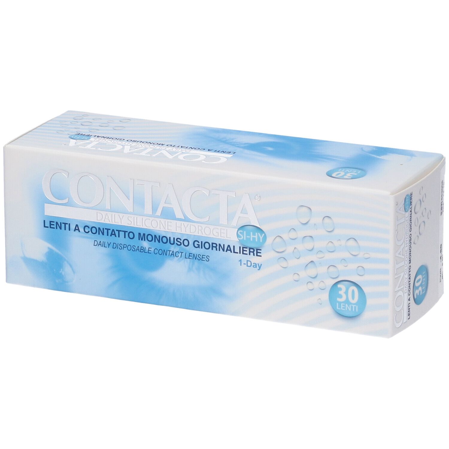 Confezione di lenti a contatto Contacta. 30 lenti. Scatola bianca e blu con indicazioni.