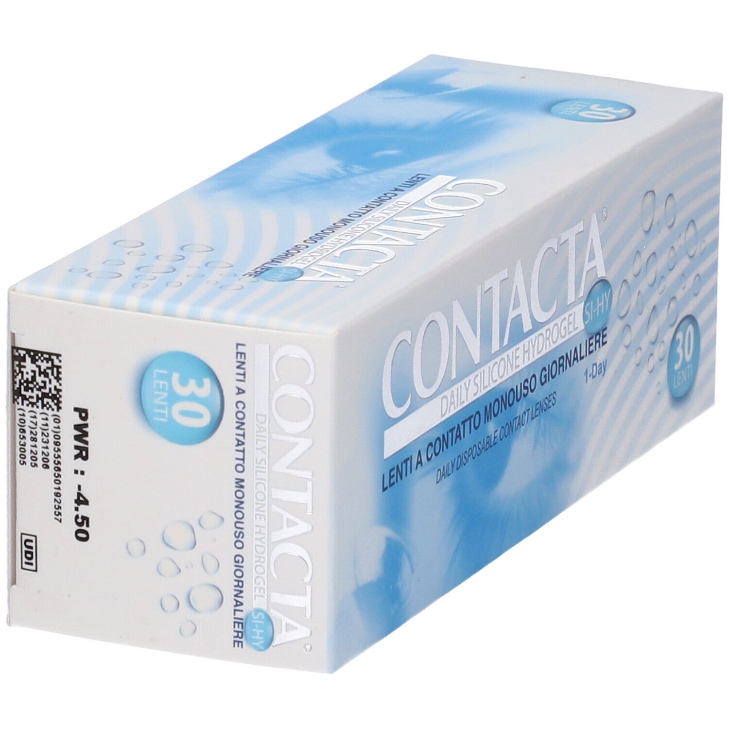 Confezione di lenti a contatto Contacta. 30 lenti. Scatola bianca e blu con informazioni.