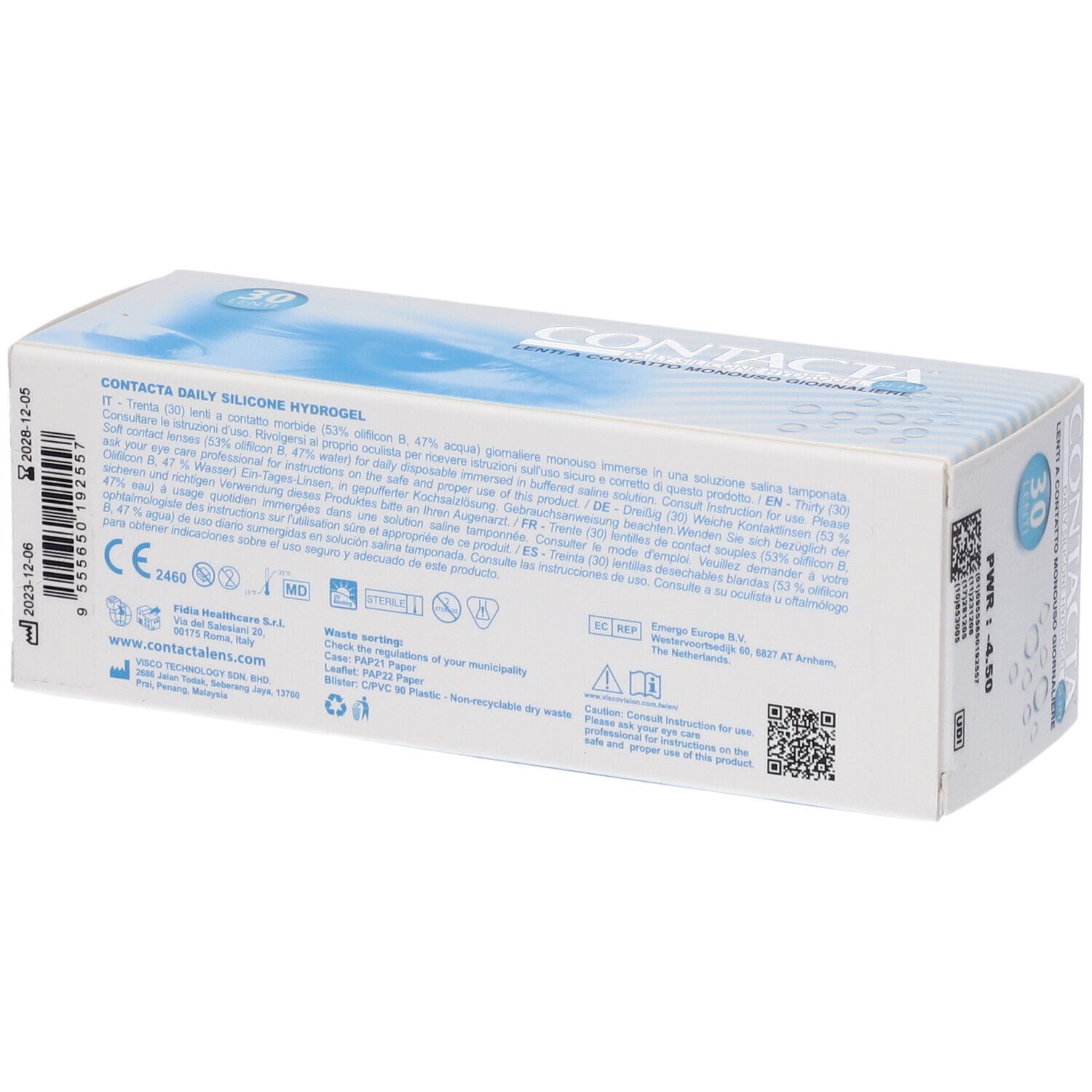 Confezione di lenti a contatto Contacta. 30 lenti. Scatola bianca e blu con informazioni.