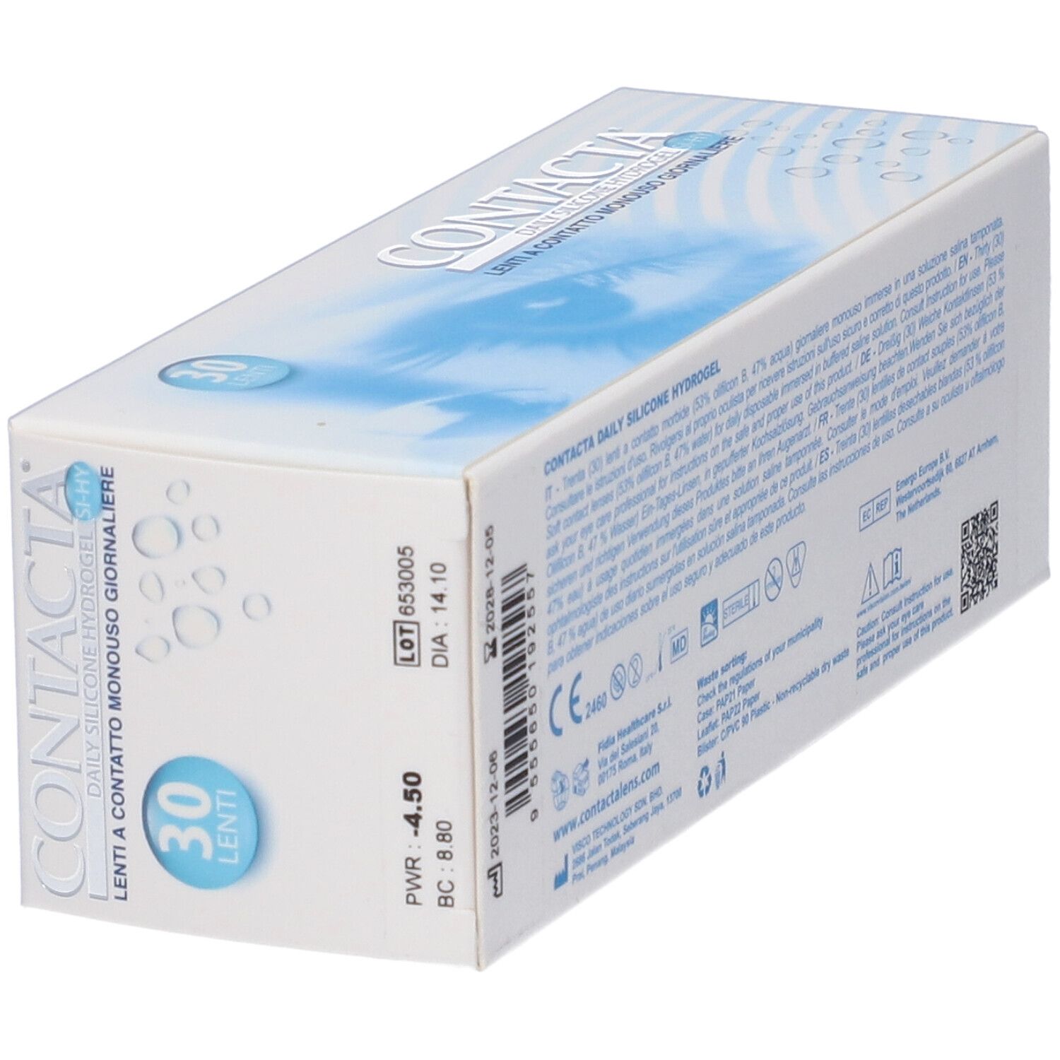Confezione di lenti a contatto Contacta. 30 lenti. Scatola bianca e blu con informazioni.