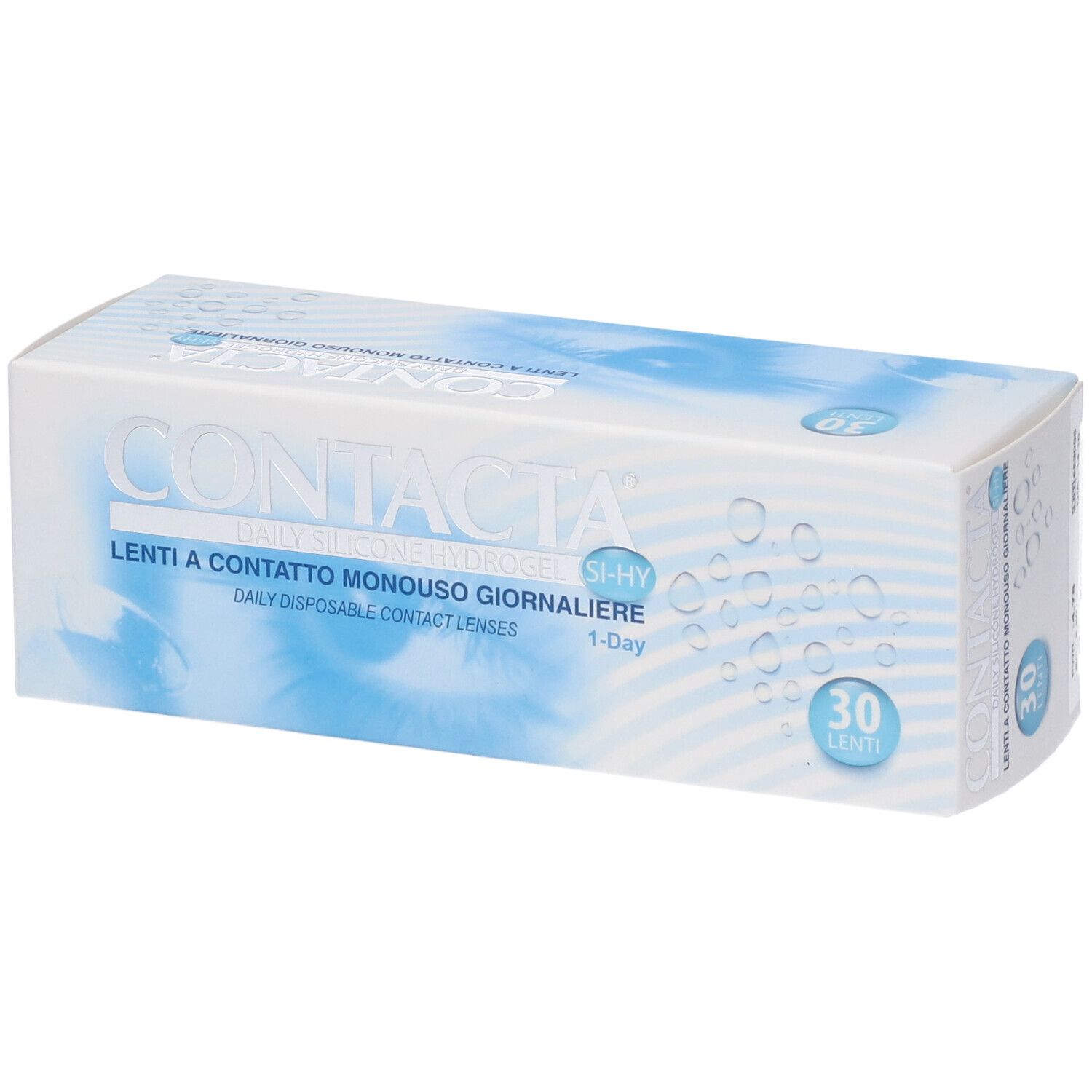 Confezione di lenti a contatto. Scritta CONTACTA, Daily Silicone Hydrogel, 30 lenti. Grafica occhio blu.