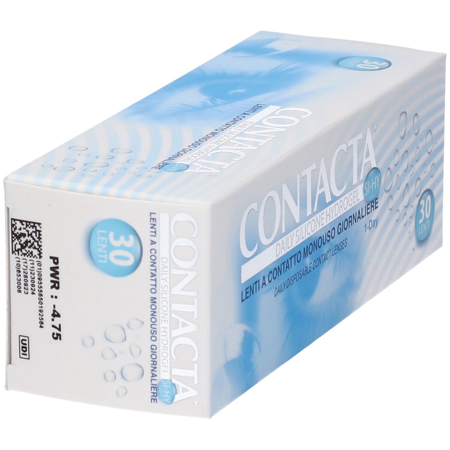 Confezione di lenti a contatto. Scritta CONTACTA, Daily Silicone Hydrogel, 30 lenti. Grafica occhio blu.
