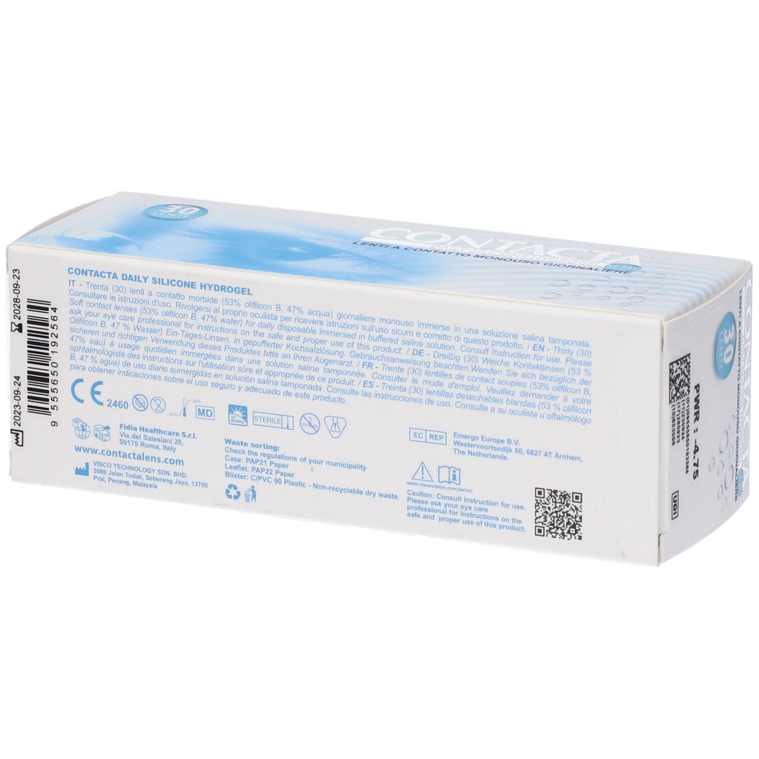 Confezione lenti a contatto, retro. Testo multilingue. Marchio CE. PWR -4.75. Codice QR.