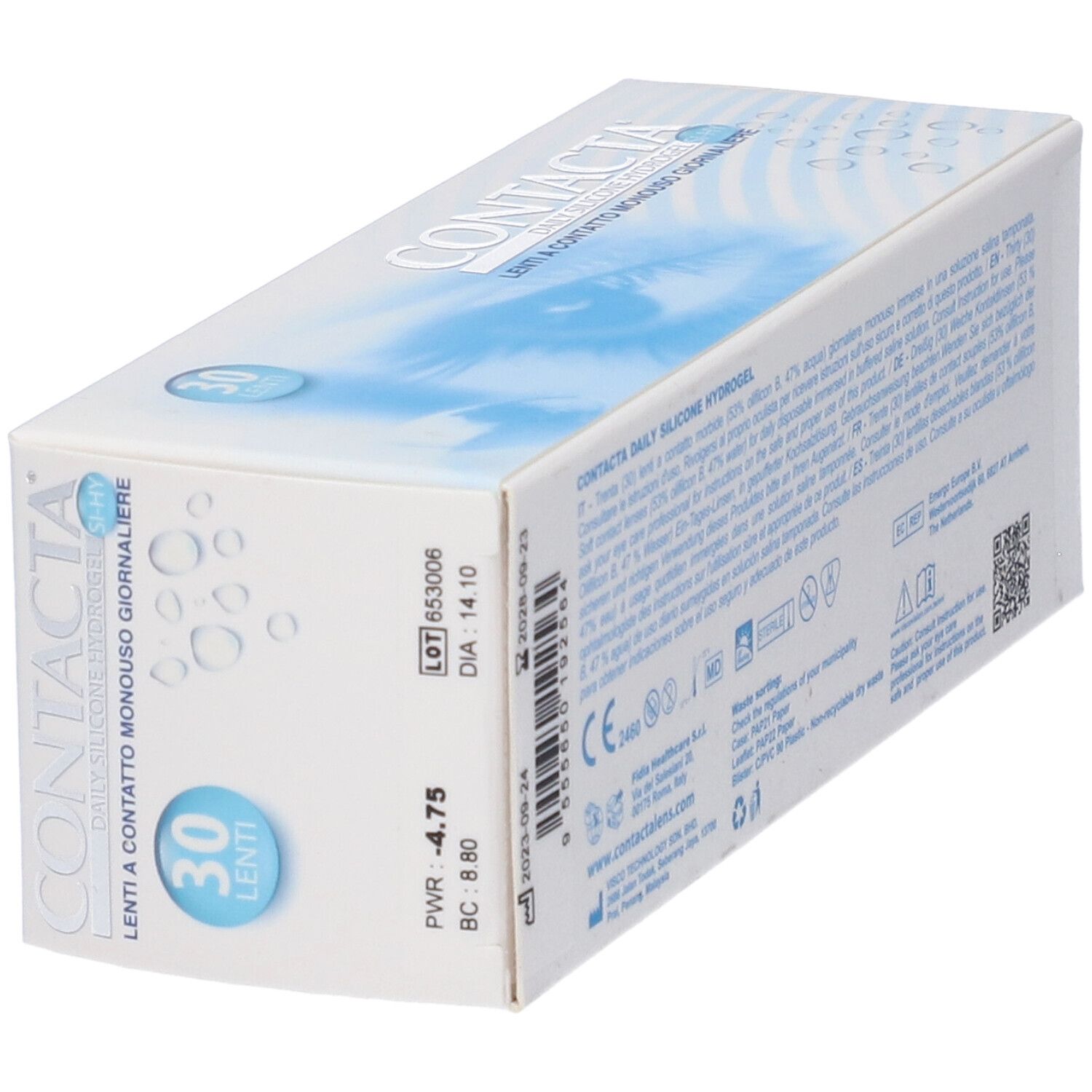 Confezione lenti a contatto, angolata. Scritta CONTACTA, 30 lenti. PWR -4.75. Testo e codici sul lato.