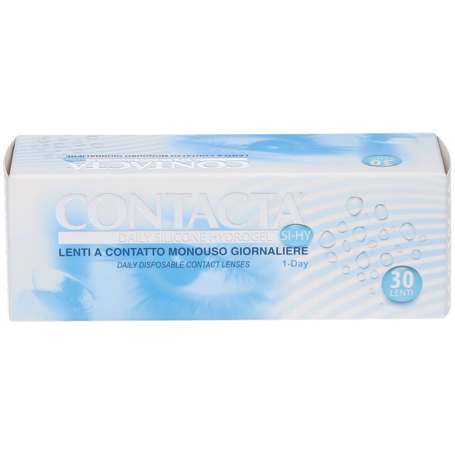 Confezione di lenti a contatto. Scritta CONTACTA, Daily Silicone Hydrogel, 30 lenti. Grafica occhio blu.