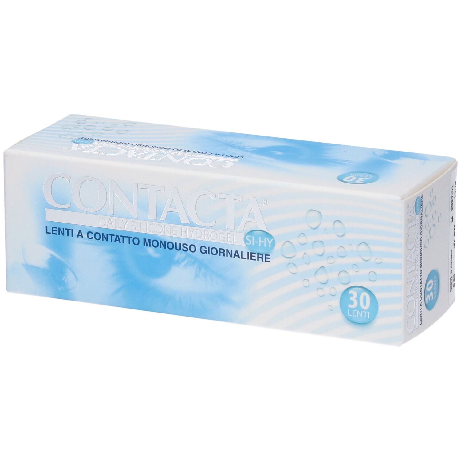 Confezione di lenti a contatto. Scritta CONTACTA, Daily Silicone Hydrogel, Lenti a Contatto Monouso Giornaliere. 30 pezzi.