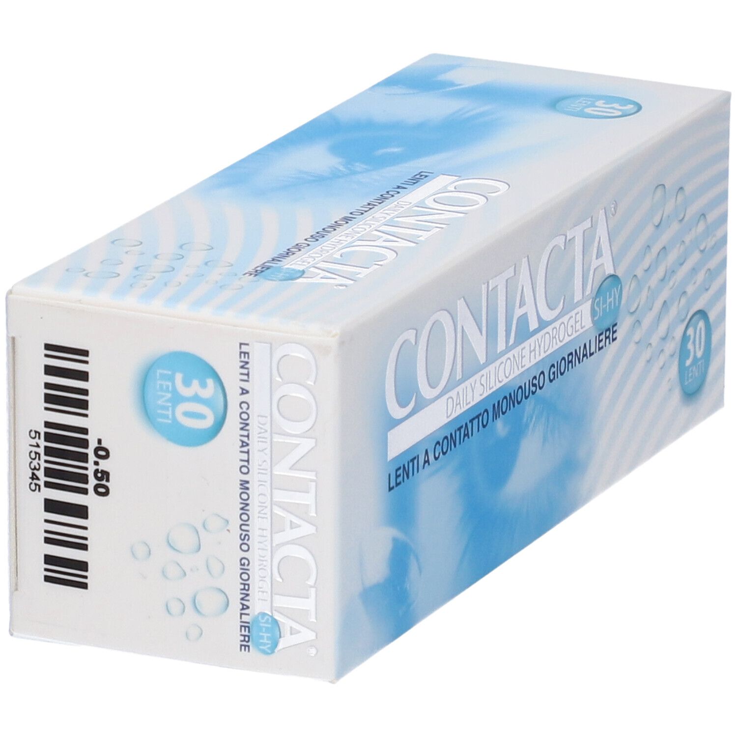 Confezione di lenti a contatto. Scritta CONTACTA, Daily Silicone Hydrogel, Lenti a Contatto Monouso Giornaliere. 30 pezzi.