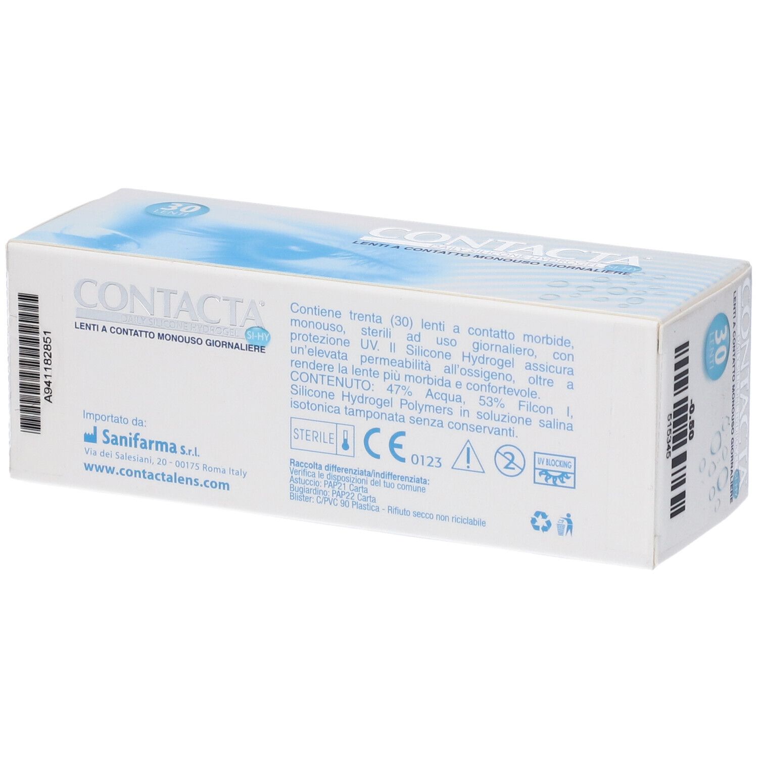 Confezione di lenti a contatto. Scritta CONTACTA, Daily Silicone Hydrogel, Lenti a Contatto Monouso Giornaliere. 30 pezzi.