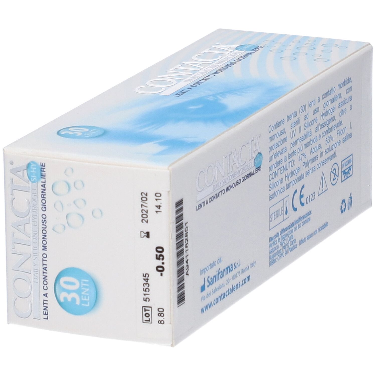 Confezione di lenti a contatto. Scritta CONTACTA, Daily Silicone Hydrogel, Lenti a Contatto Monouso Giornaliere. 30 pezzi.
